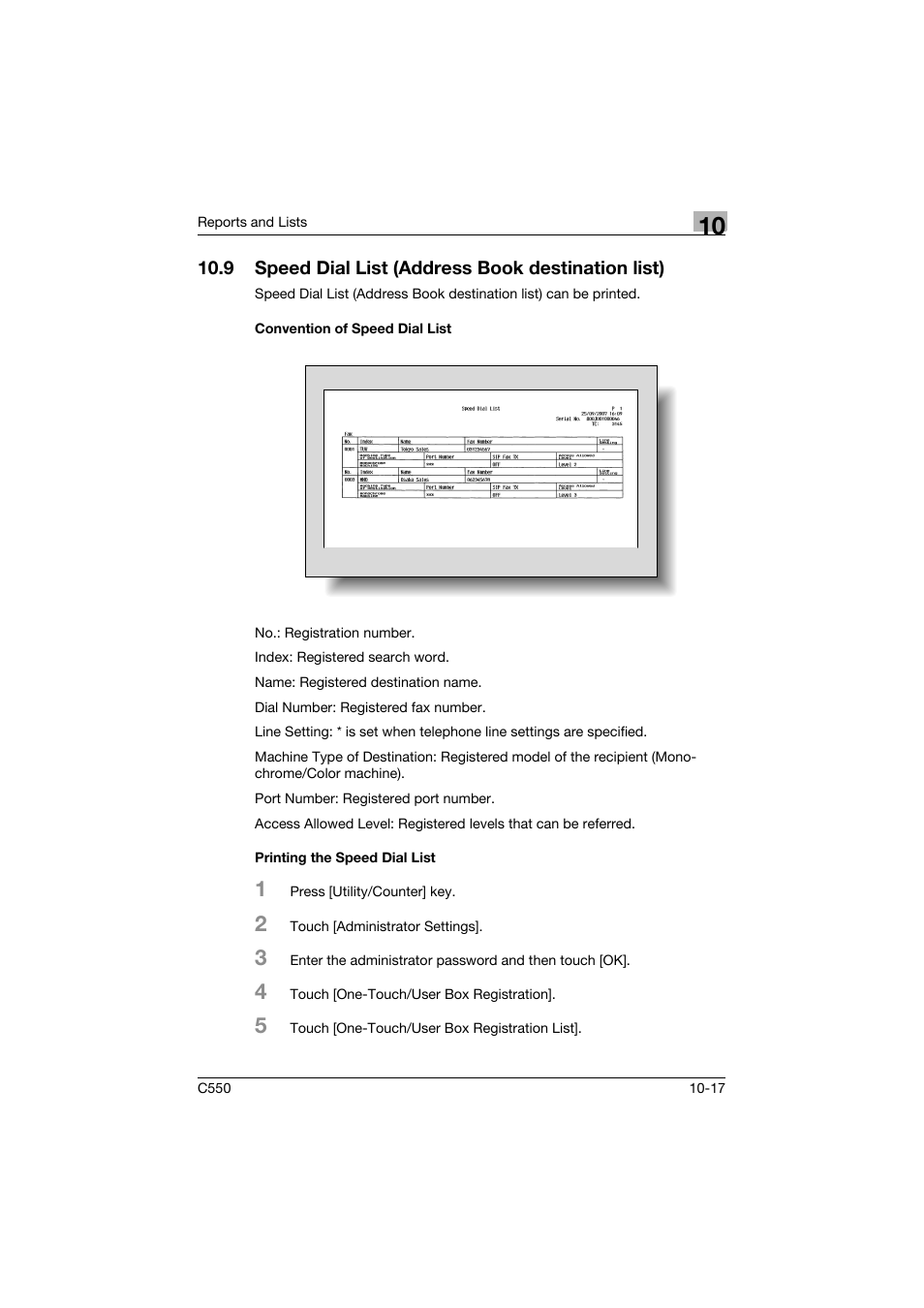 9 speed dial list (address book destination list), Convention of speed dial list, Printing the speed dial list | Convention of speed dial list -17, Printing the speed dial list -17 | Konica Minolta bizhub C550 User Manual | Page 372 / 403