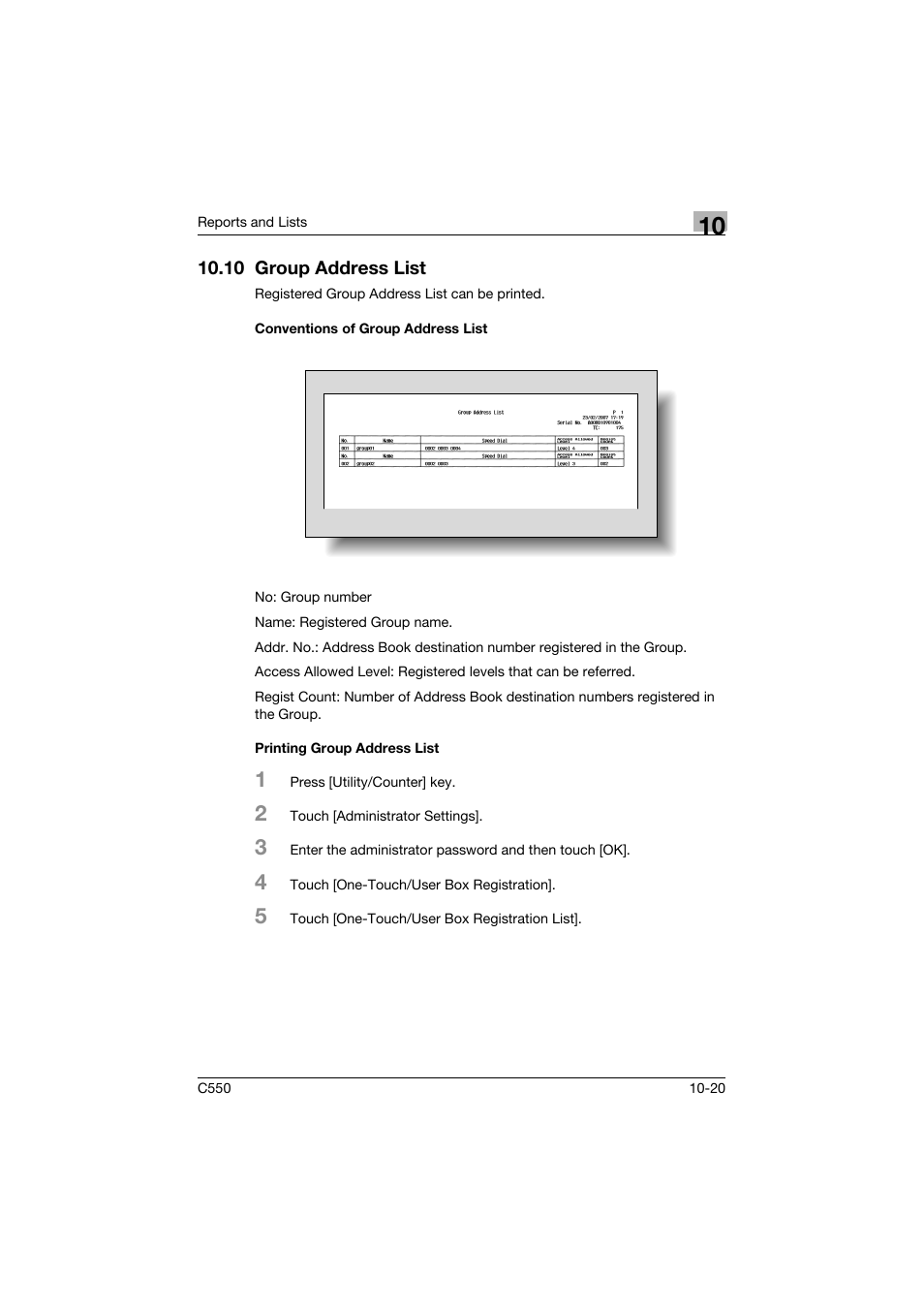 10 group address list, Conventions of group address list, Printing group address list | 10 group address list -20 | Konica Minolta bizhub C550 User Manual | Page 375 / 403