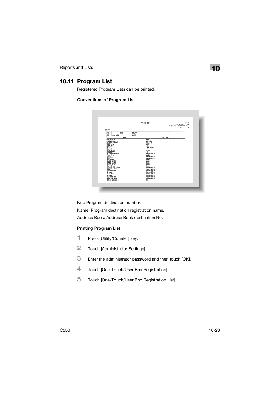 11 program list, Conventions of program list, Printing program list | 11 program list -23 | Konica Minolta bizhub C550 User Manual | Page 378 / 403