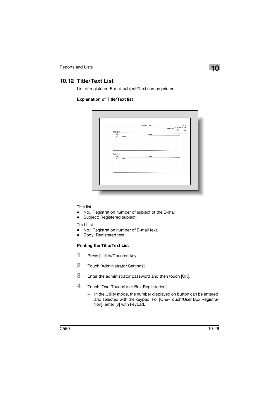 12 title/text list, Explanation of title/text list, Printing the title/text list | 12 title/text list -26 | Konica Minolta bizhub C550 User Manual | Page 381 / 403