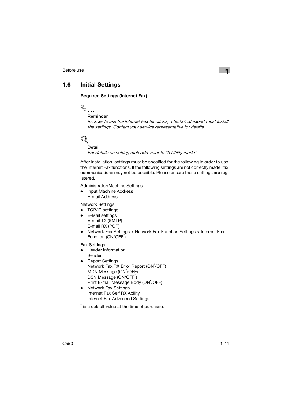 6 initial settings, Required settings (internet fax), Initial settings -11 | Required settings (internet fax) -11 | Konica Minolta bizhub C550 User Manual | Page 40 / 403