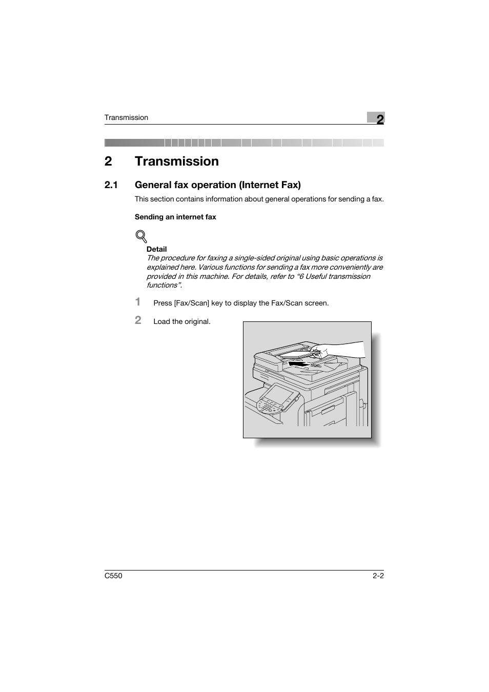 2 transmission, 1 general fax operation (internet fax), Sending an internet fax | Transmission, General fax operation (internet fax) -2, Sending an internet fax -2, 2transmission | Konica Minolta bizhub C550 User Manual | Page 46 / 403