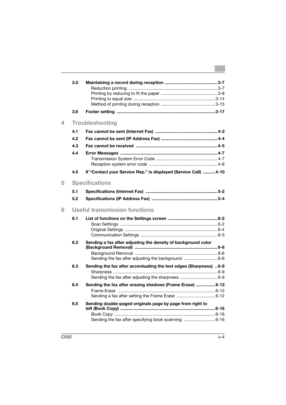 4troubleshooting, 5specifications, 6useful transmission functions | Konica Minolta bizhub C550 User Manual | Page 5 / 403