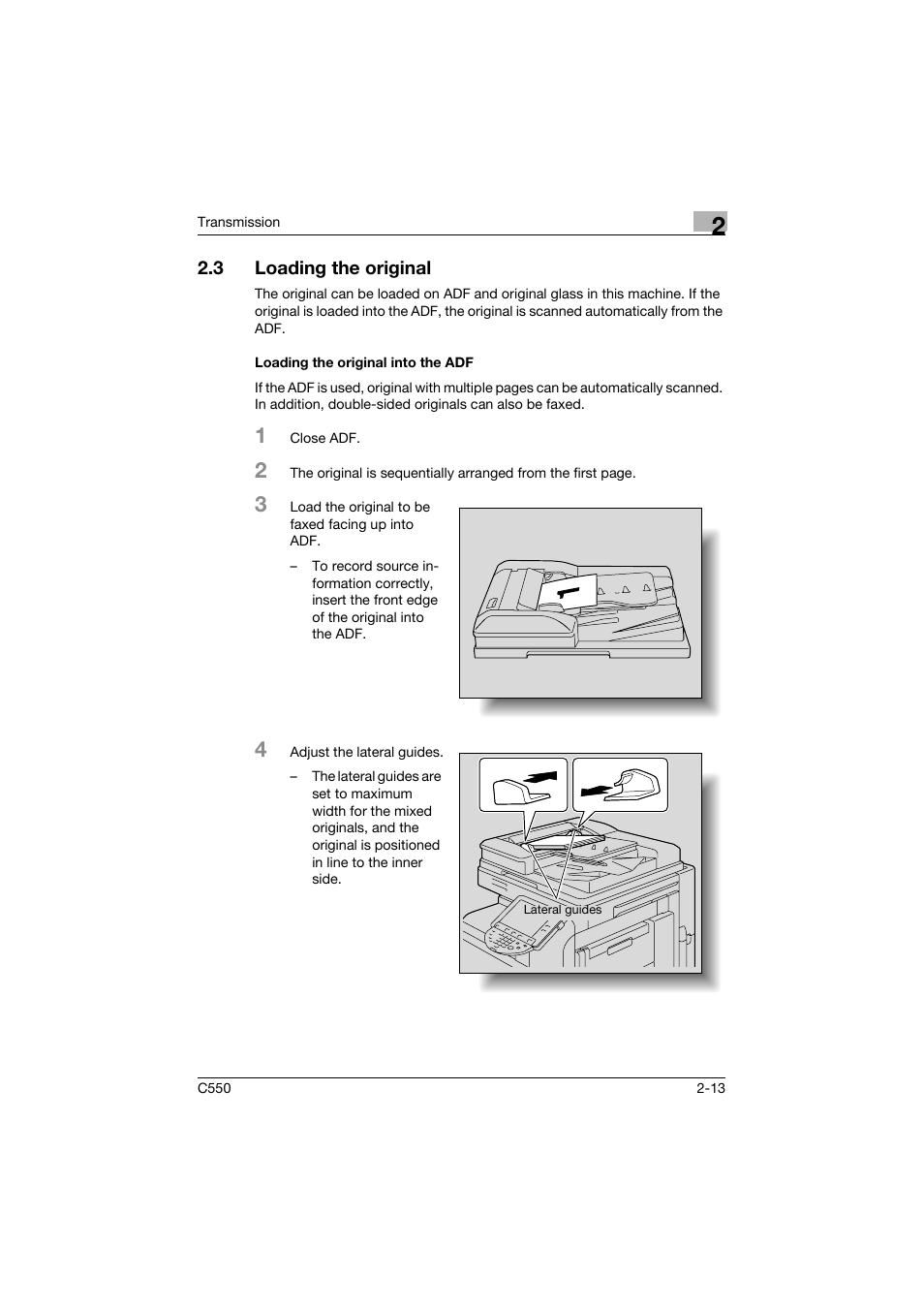 3 loading the original, Loading the original into the adf, Loading the original -13 | Loading the original into the adf -13 | Konica Minolta bizhub C550 User Manual | Page 57 / 403