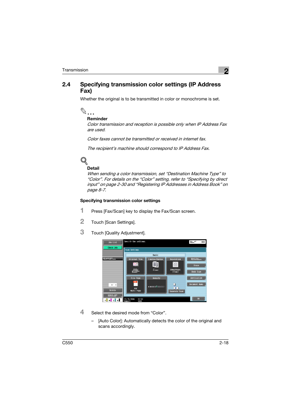 Specifying transmission color settings, Specifying transmission color settings -18 | Konica Minolta bizhub C550 User Manual | Page 62 / 403