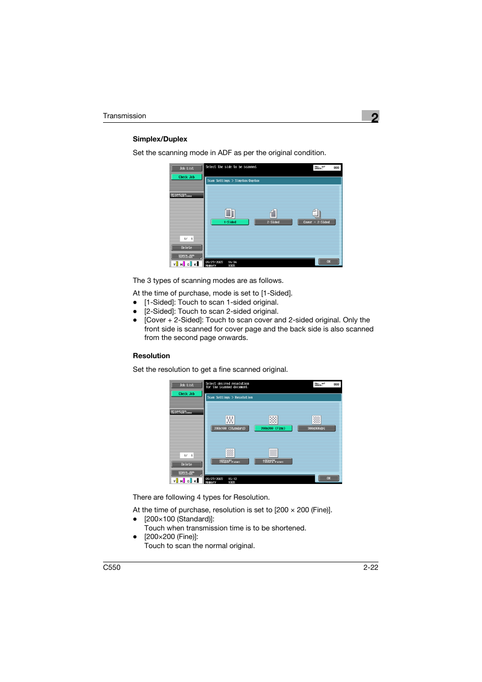 Simplex/duplex, Resolution, Simplex/duplex -22 resolution -22 | Konica Minolta bizhub C550 User Manual | Page 66 / 403