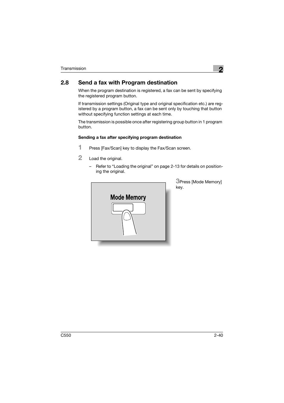 8 send a fax with program destination, Sending a fax after specifying program destination, Send a fax with program destination -40 | Konica Minolta bizhub C550 User Manual | Page 84 / 403