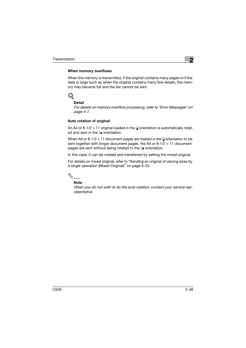 When memory overflows, Auto rotation of original | Konica Minolta bizhub C550 User Manual | Page 92 / 403