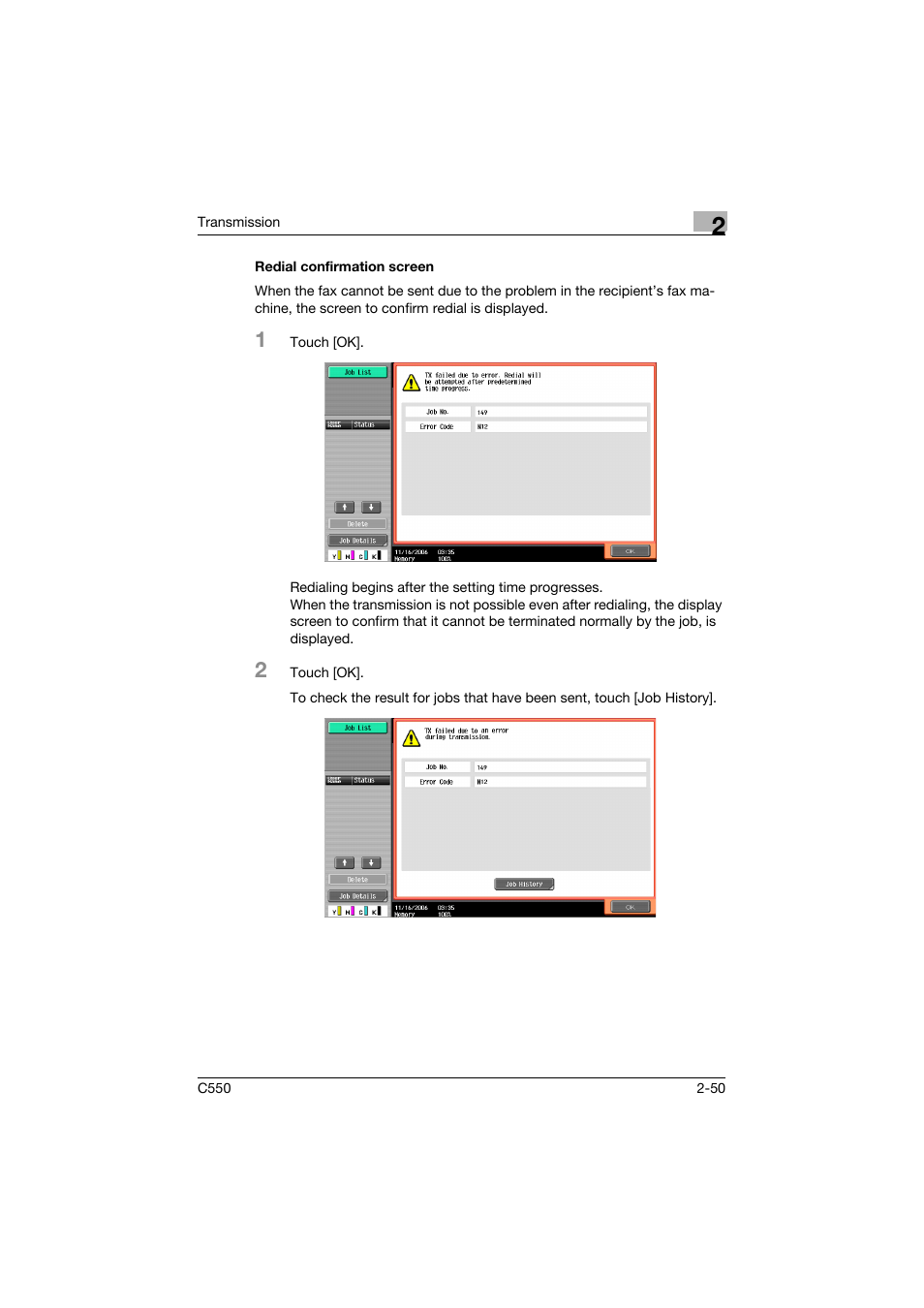 Redial confirmation screen, Redial confirmation screen -50 | Konica Minolta bizhub C550 User Manual | Page 94 / 403