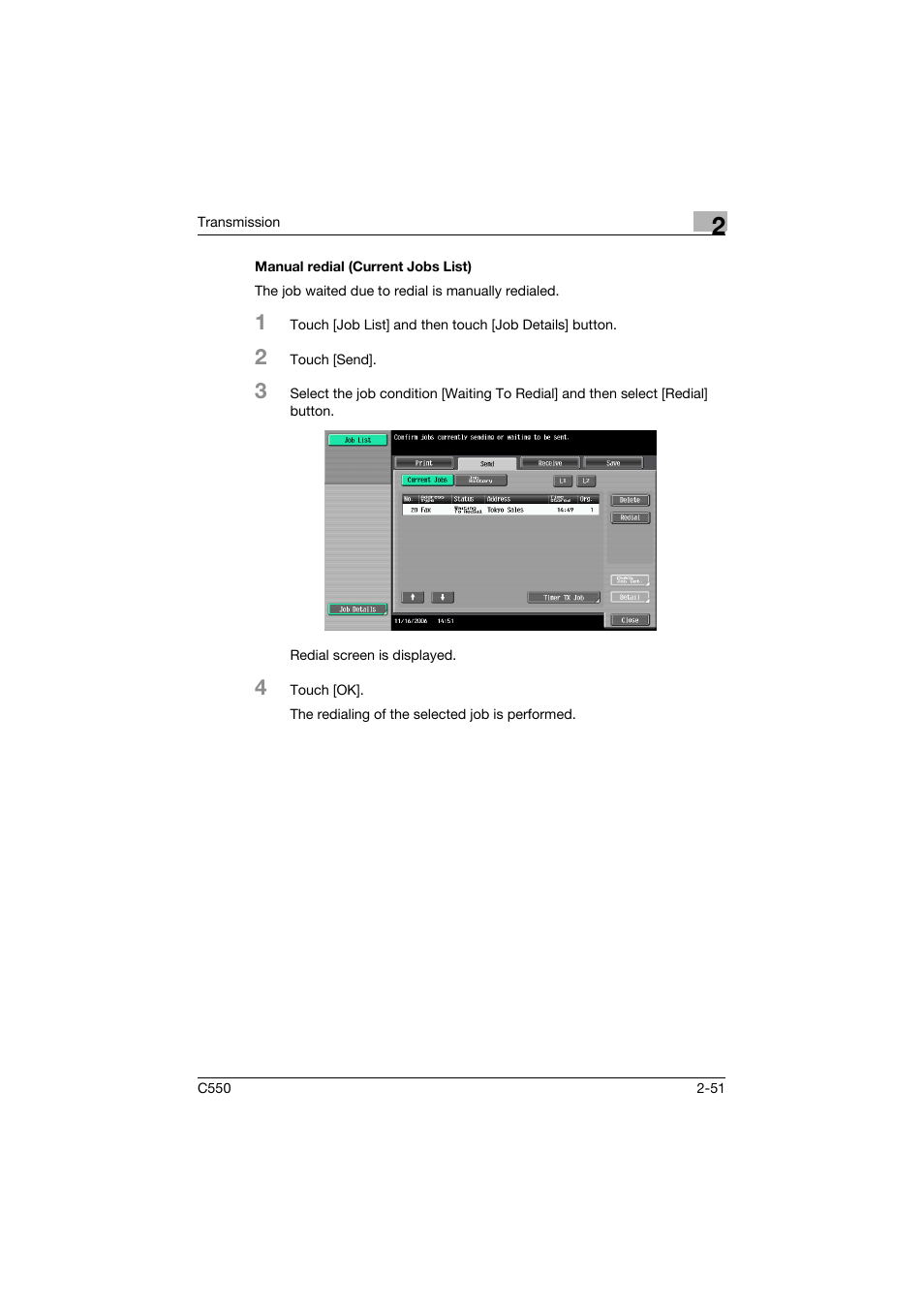 Manual redial (current jobs list), Manual redial (current jobs list) -51 | Konica Minolta bizhub C550 User Manual | Page 95 / 403