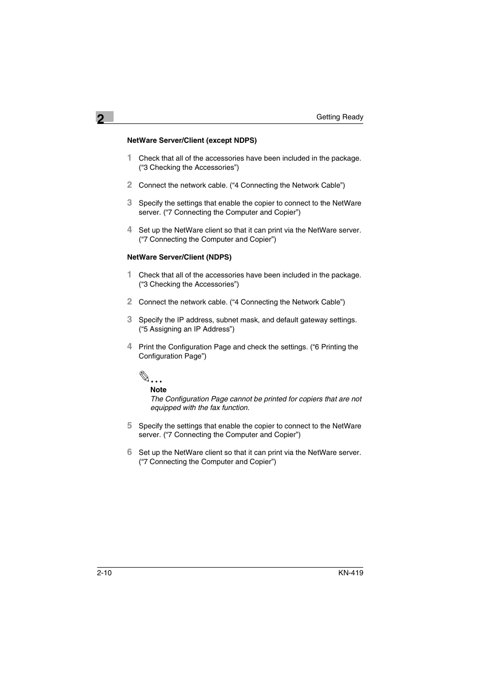 Netware server/client (except ndps), Netware server/client (ndps) | Konica Minolta KN-419 User Manual | Page 19 / 52