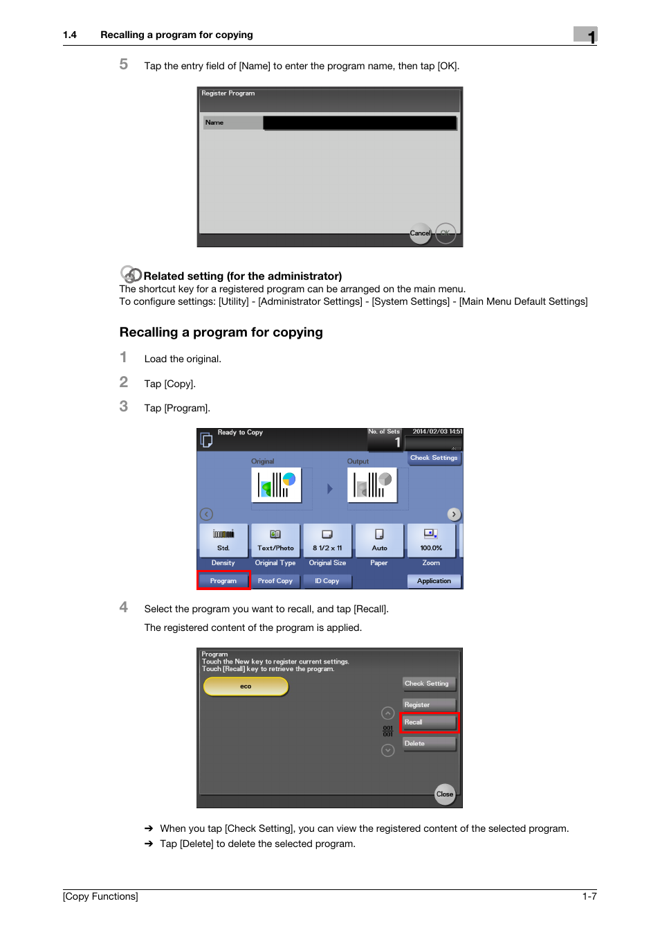 Recalling a program for copying, Recalling a program for copying -7 | Konica Minolta bizhub 4750 User Manual | Page 9 / 30