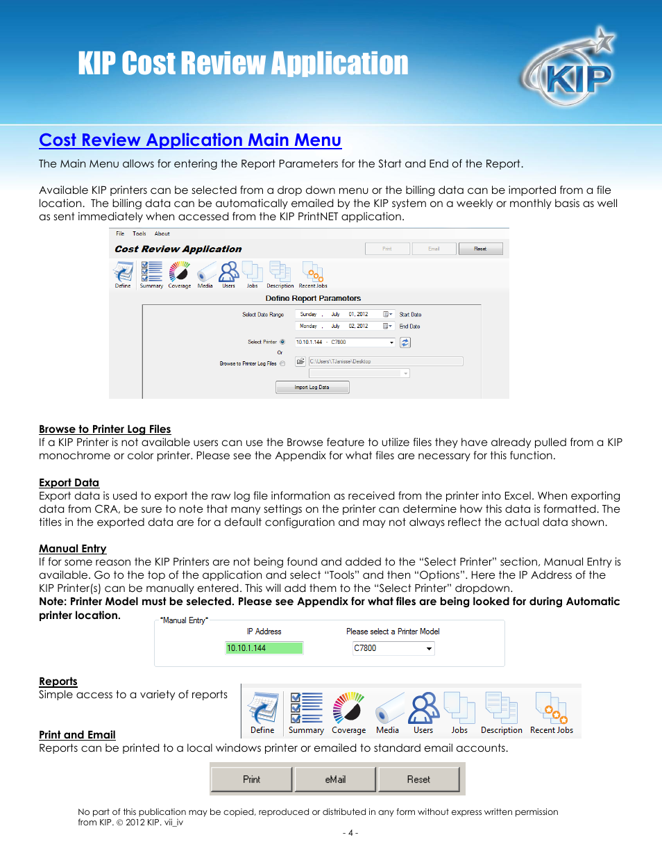 Kip cost review application, Cost review application main menu | Konica Minolta KIP 7100 User Manual | Page 5 / 14