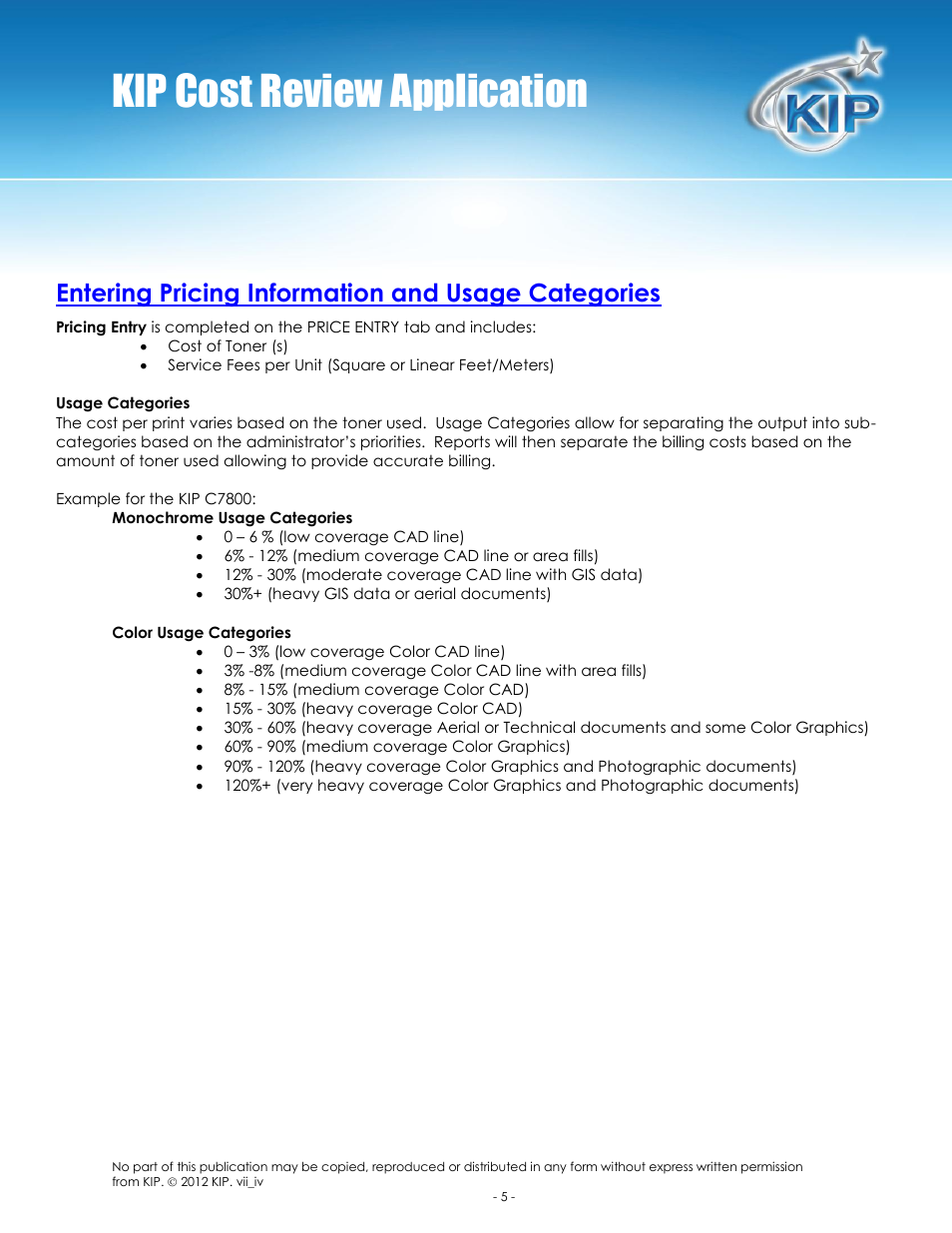 Kip cost review application, Entering pricing information and usage categories | Konica Minolta KIP 7100 User Manual | Page 6 / 14