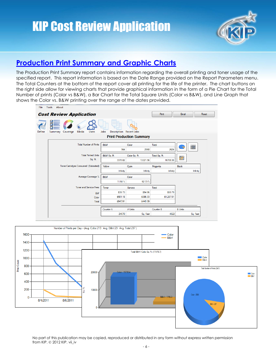 Kip cost review application, Production print summary and graphic charts | Konica Minolta KIP 7100 User Manual | Page 7 / 14
