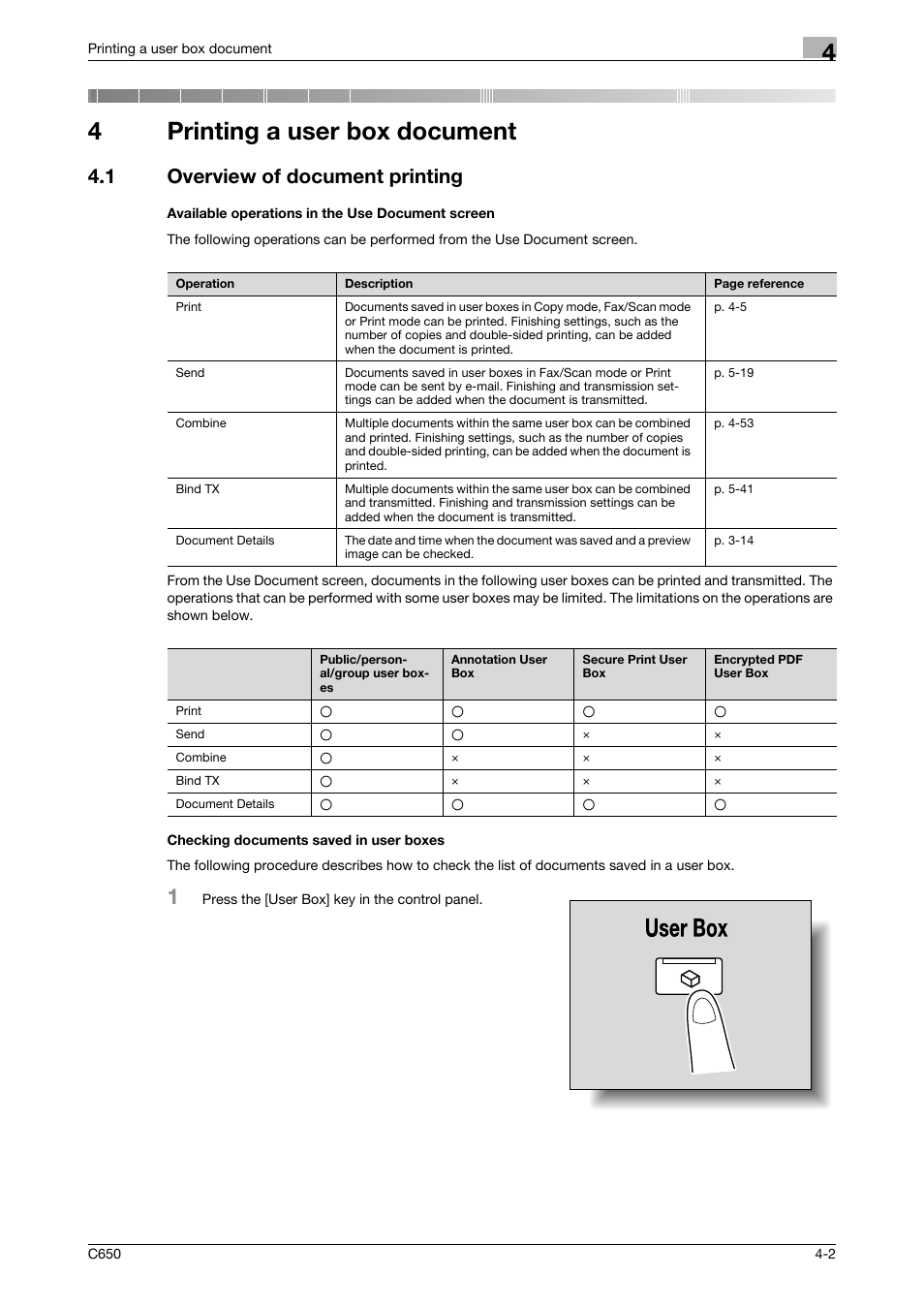 4 printing a user box document, 1 overview of document printing, Available operations in the use document screen | Checking documents saved in user boxes, Printing a user box document, P. 4-2, 4printing a user box document | Konica Minolta bizhub C650 User Manual | Page 103 / 280