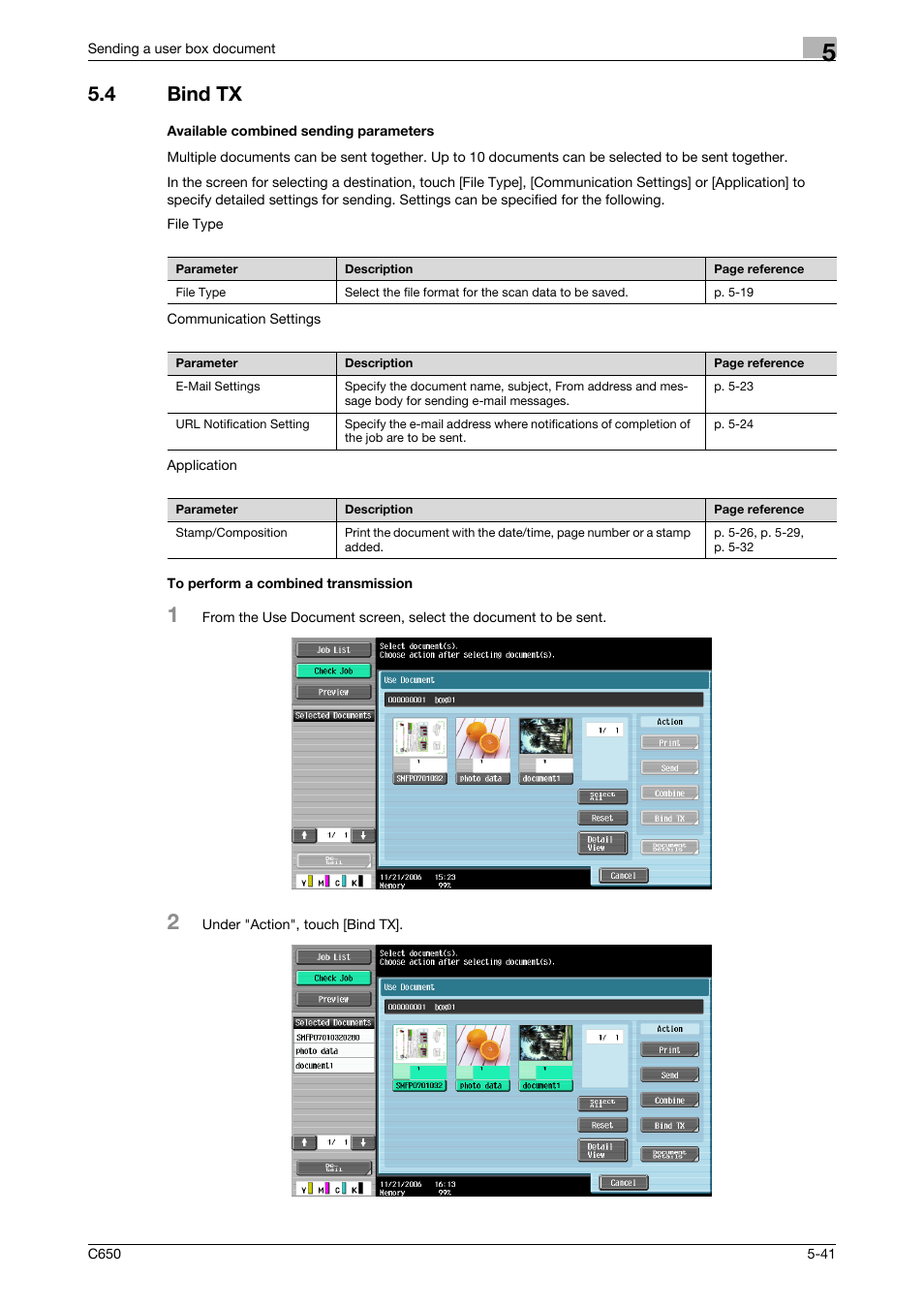 4 bind tx, Available combined sending parameters, To perform a combined transmission | P. 5-41 | Konica Minolta bizhub C650 User Manual | Page 197 / 280
