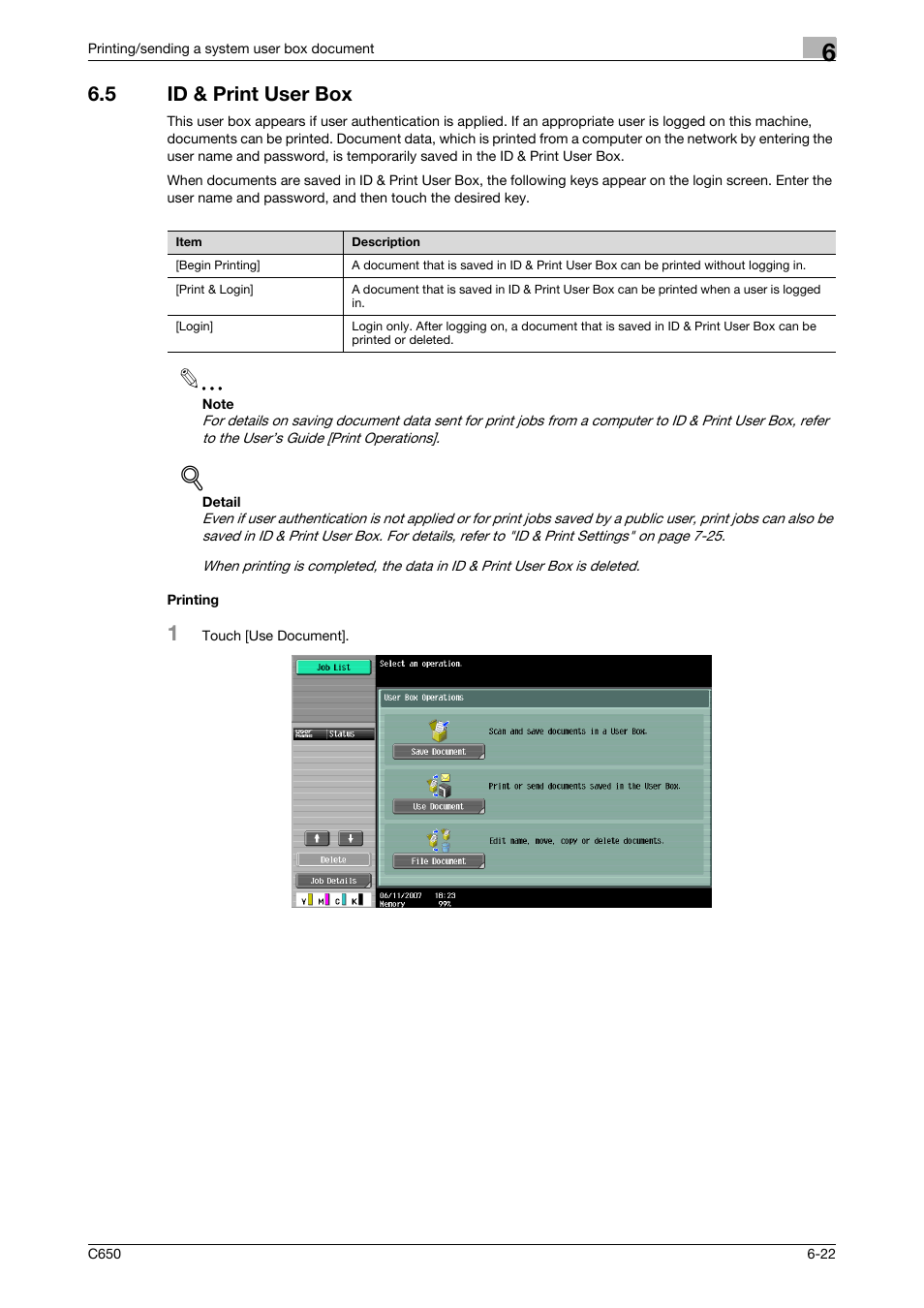 5 id & print user box, Printing, Id & print user box -22 printing -22 | P. 6-22 | Konica Minolta bizhub C650 User Manual | Page 224 / 280