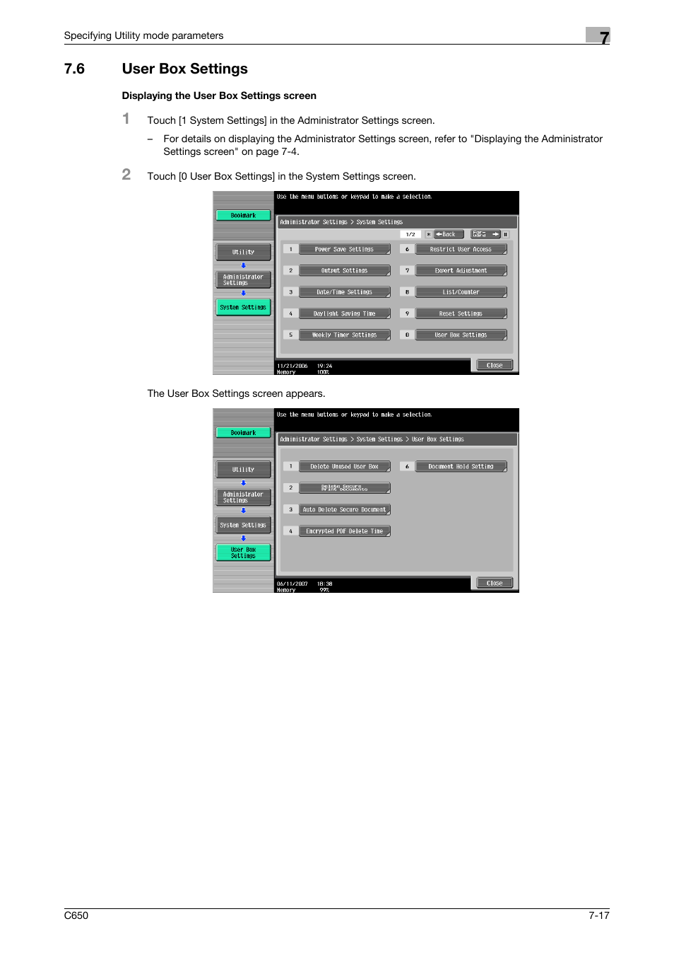 6 user box settings, Displaying the user box settings screen | Konica Minolta bizhub C650 User Manual | Page 247 / 280