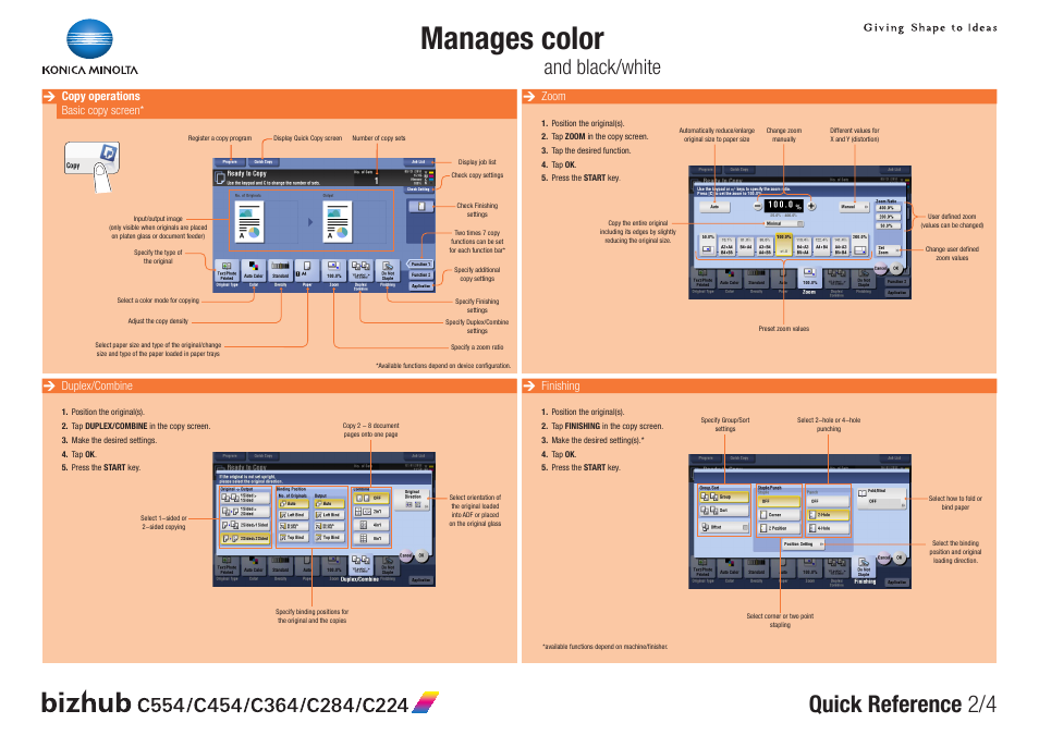 Manages color, Quick reference 2/4, And black/white | Duplex/combine, Finishing, Zoom, Copy operations basic copy screen | Konica Minolta bizhub C554 User Manual | Page 2 / 4