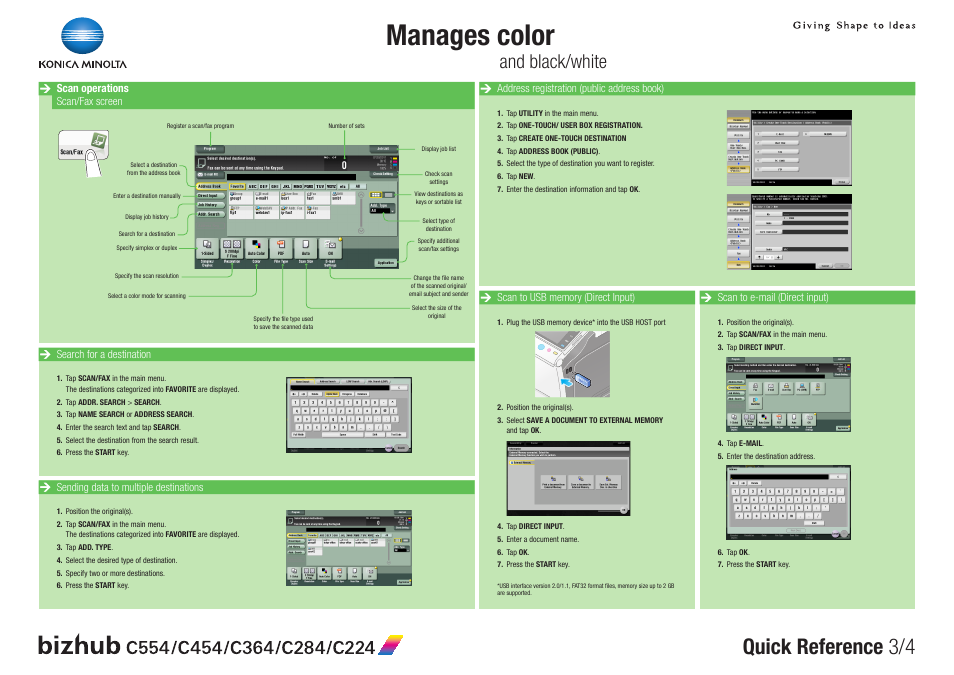 Manages color, Quick reference 3/4, And black/white | Konica Minolta bizhub C554 User Manual | Page 3 / 4