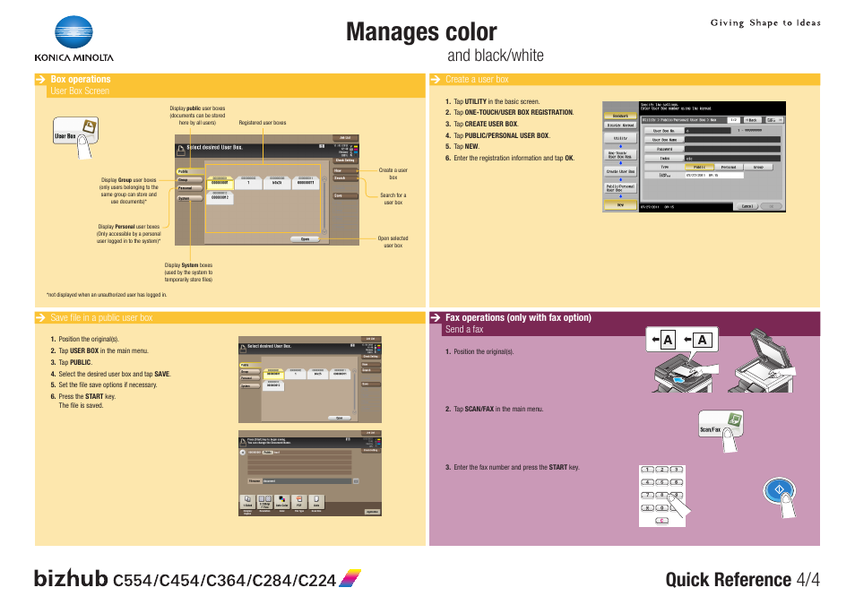 Manages color, Quick reference 4/4, And black/white | Konica Minolta bizhub C554 User Manual | Page 4 / 4