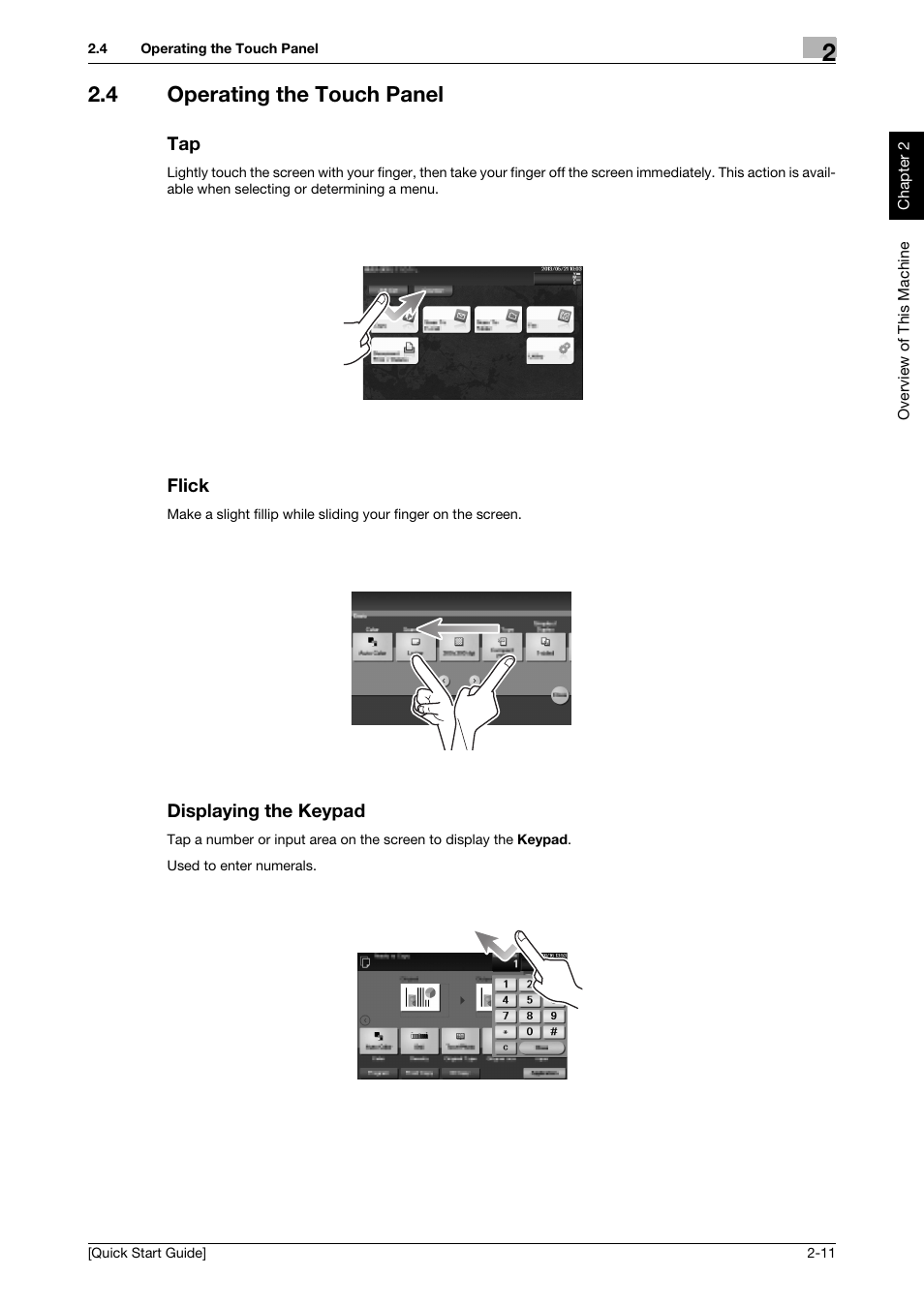 4 operating the touch panel, Flick, Displaying the keypad | Konica Minolta bizhub C3350 User Manual | Page 20 / 64