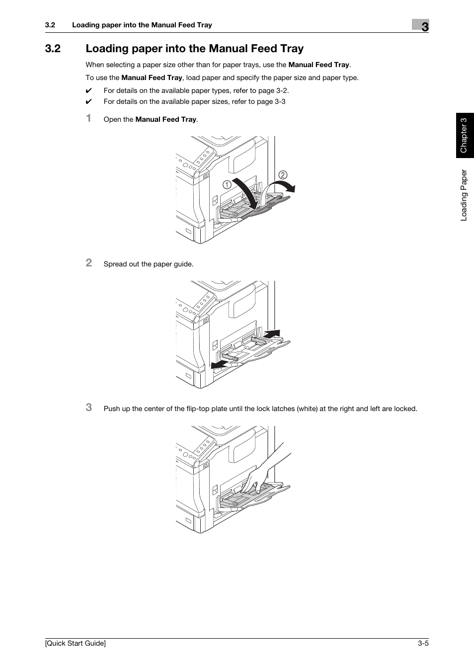 2 loading paper into the manual feed tray, Loading paper into the manual feed tray -5 | Konica Minolta bizhub C3350 User Manual | Page 28 / 64
