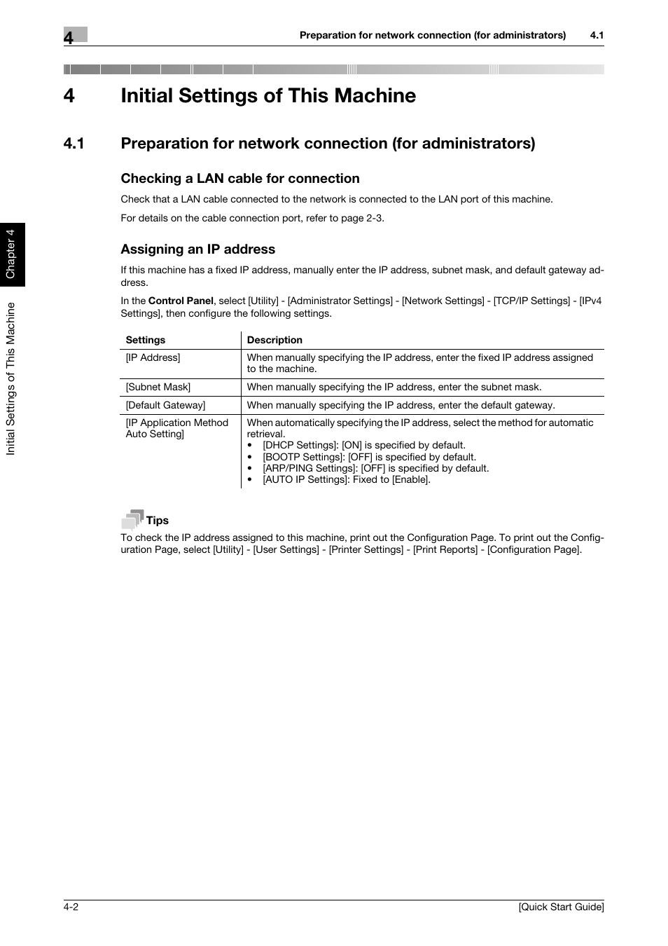 4 initial settings of this machine, Checking a lan cable for connection, Assigning an ip address | Initial settings of this machine, Assigning an ip address -2, 4initial settings of this machine | Konica Minolta bizhub C3350 User Manual | Page 33 / 64