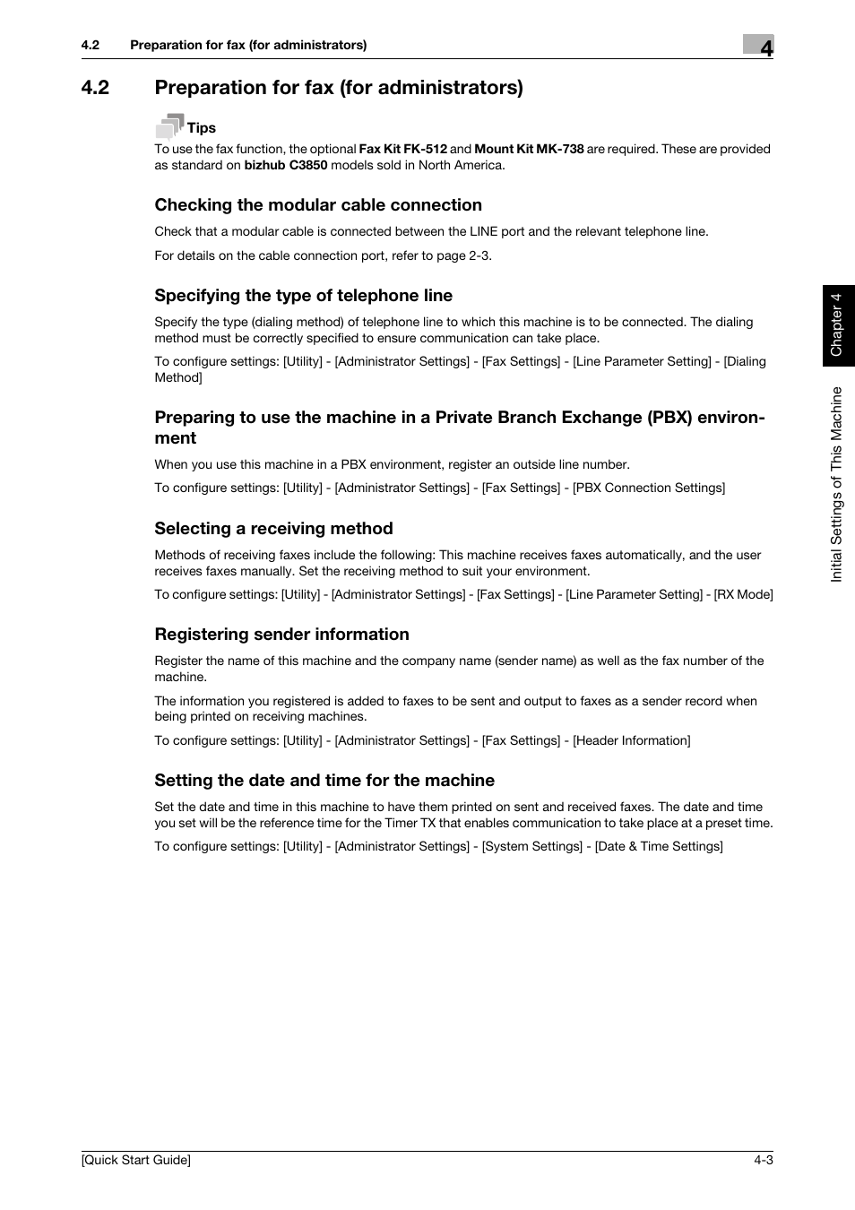 2 preparation for fax (for administrators), Checking the modular cable connection, Specifying the type of telephone line | Selecting a receiving method, Registering sender information, Setting the date and time for the machine | Konica Minolta bizhub C3350 User Manual | Page 34 / 64