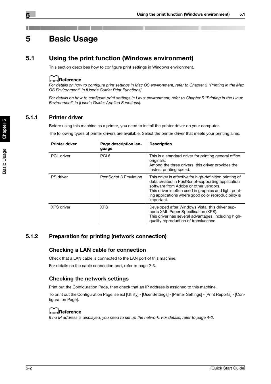 5 basic usage, 1 using the print function (windows environment), 1 printer driver | 2 preparation for printing (network connection), Checking a lan cable for connection, Checking the network settings, Basic usage, Using the print function (windows environment) -2, Printer driver -2, 5basic usage | Konica Minolta bizhub C3350 User Manual | Page 37 / 64