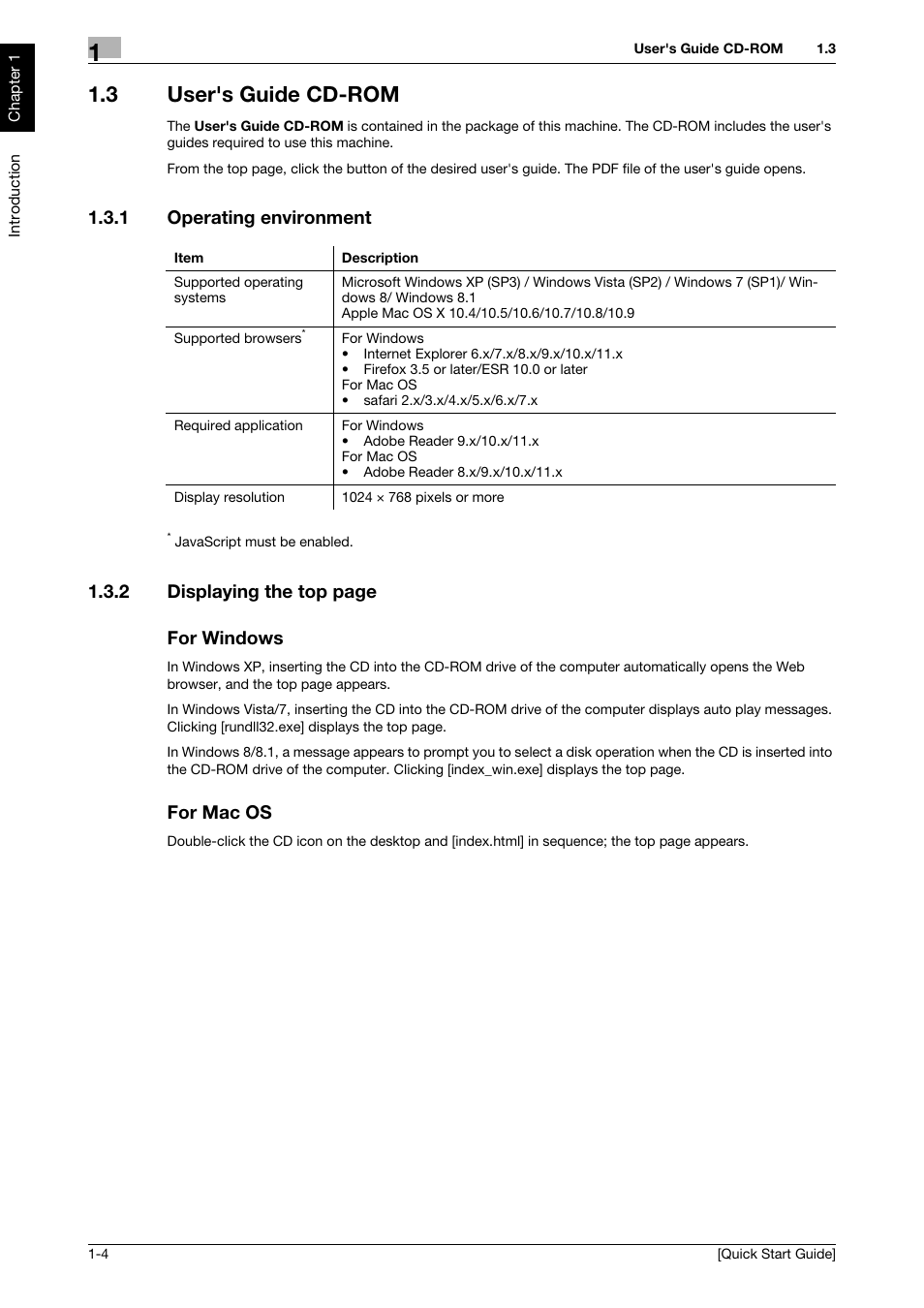 3 user's guide cd-rom, 1 operating environment, For windows | For mac os, User's guide cd-rom -4, Operating environment -4, 2 displaying the top page for windows | Konica Minolta bizhub C3350 User Manual | Page 7 / 64