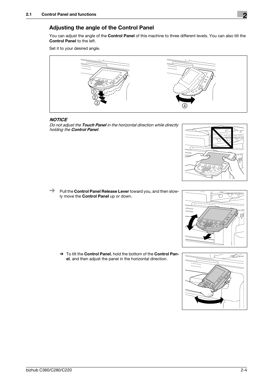 Adjusting the angle of the control panel, Adjusting the angle of the control panel -4 | Konica Minolta BIZHUB C360 User Manual | Page 12 / 63