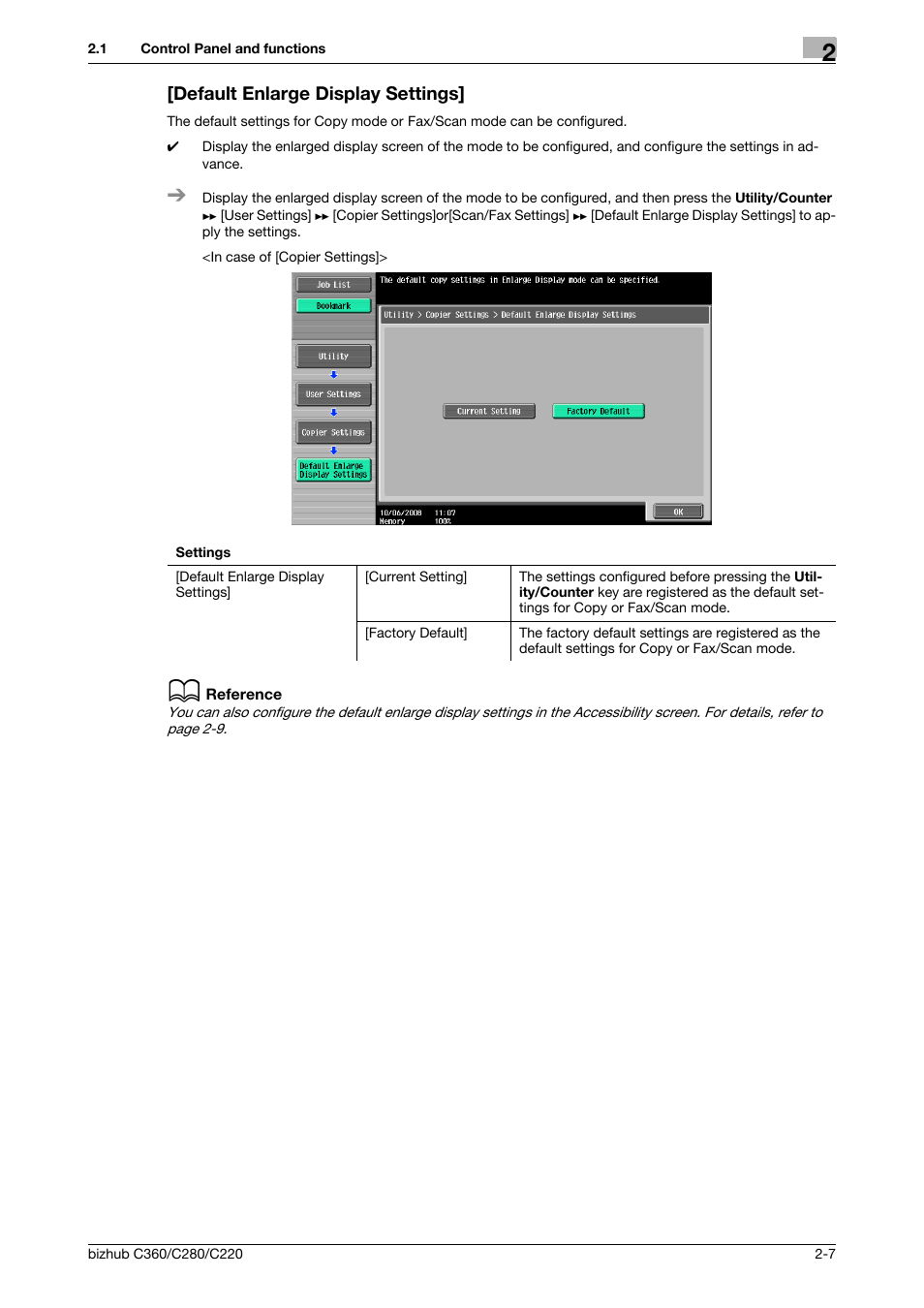 Default enlarge display settings, Default enlarge display settings] -7 | Konica Minolta BIZHUB C360 User Manual | Page 15 / 63