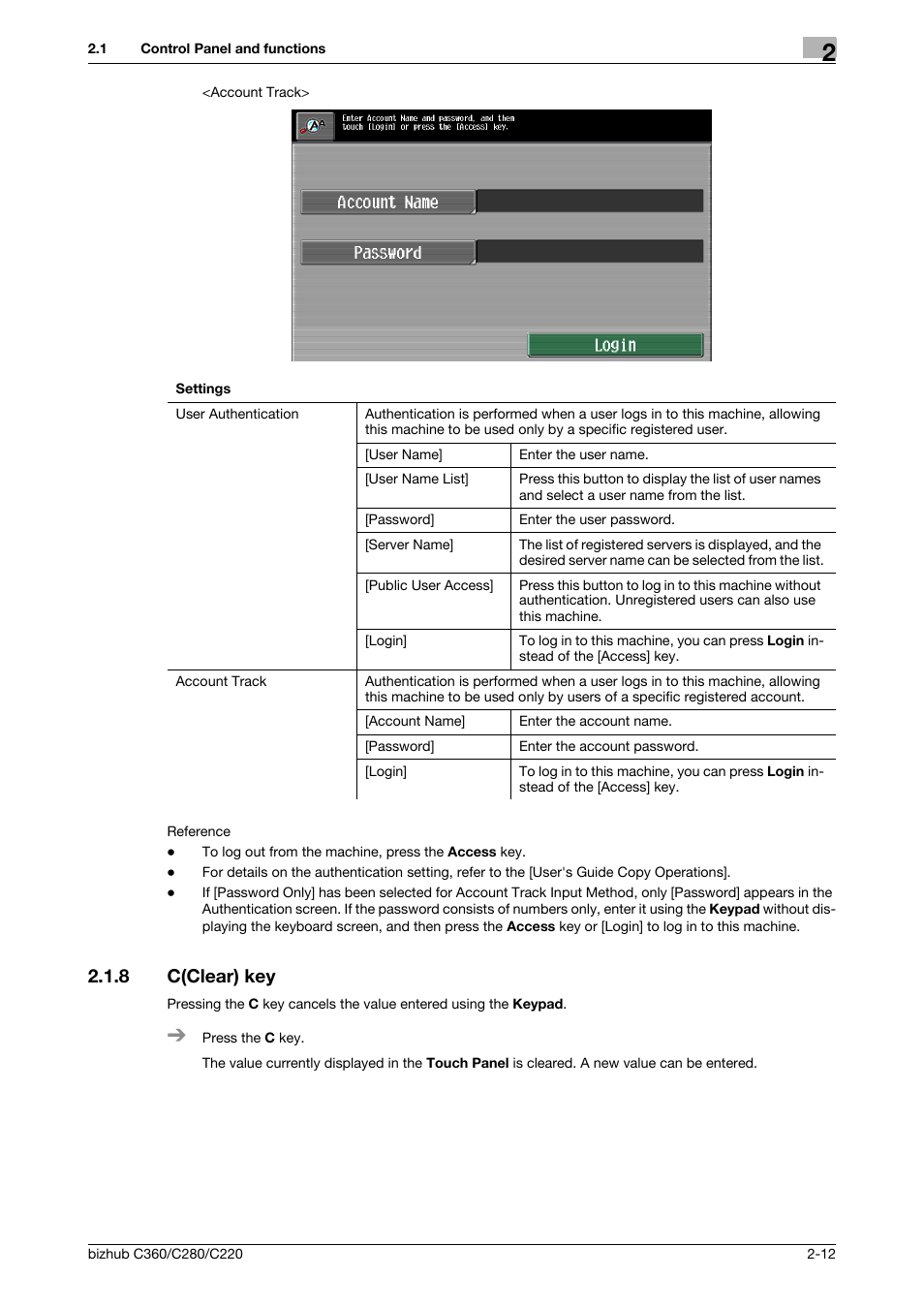 8 c(clear) key, C(clear) key -12, P. 2-12 | Konica Minolta BIZHUB C360 User Manual | Page 20 / 63