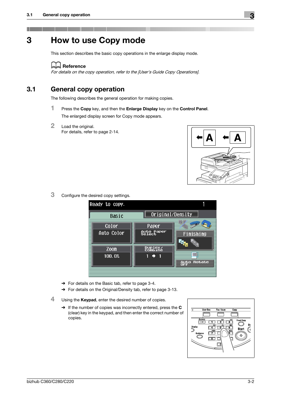 3 how to use copy mode, 1 general copy operation, How to use copy mode | General copy operation -2, To "3 how to use copy mode" and "4, 3how to use copy mode | Konica Minolta BIZHUB C360 User Manual | Page 25 / 63