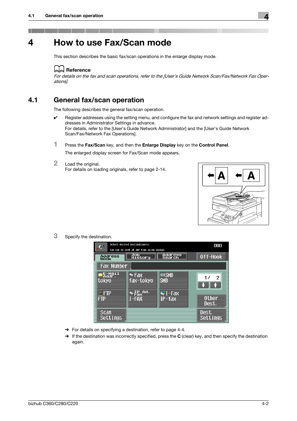 4 how to use fax/scan mode, 1 general fax/scan operation, How to use fax/scan mode | General fax/scan operation -2, 4how to use fax/scan mode | Konica Minolta BIZHUB C360 User Manual | Page 43 / 63