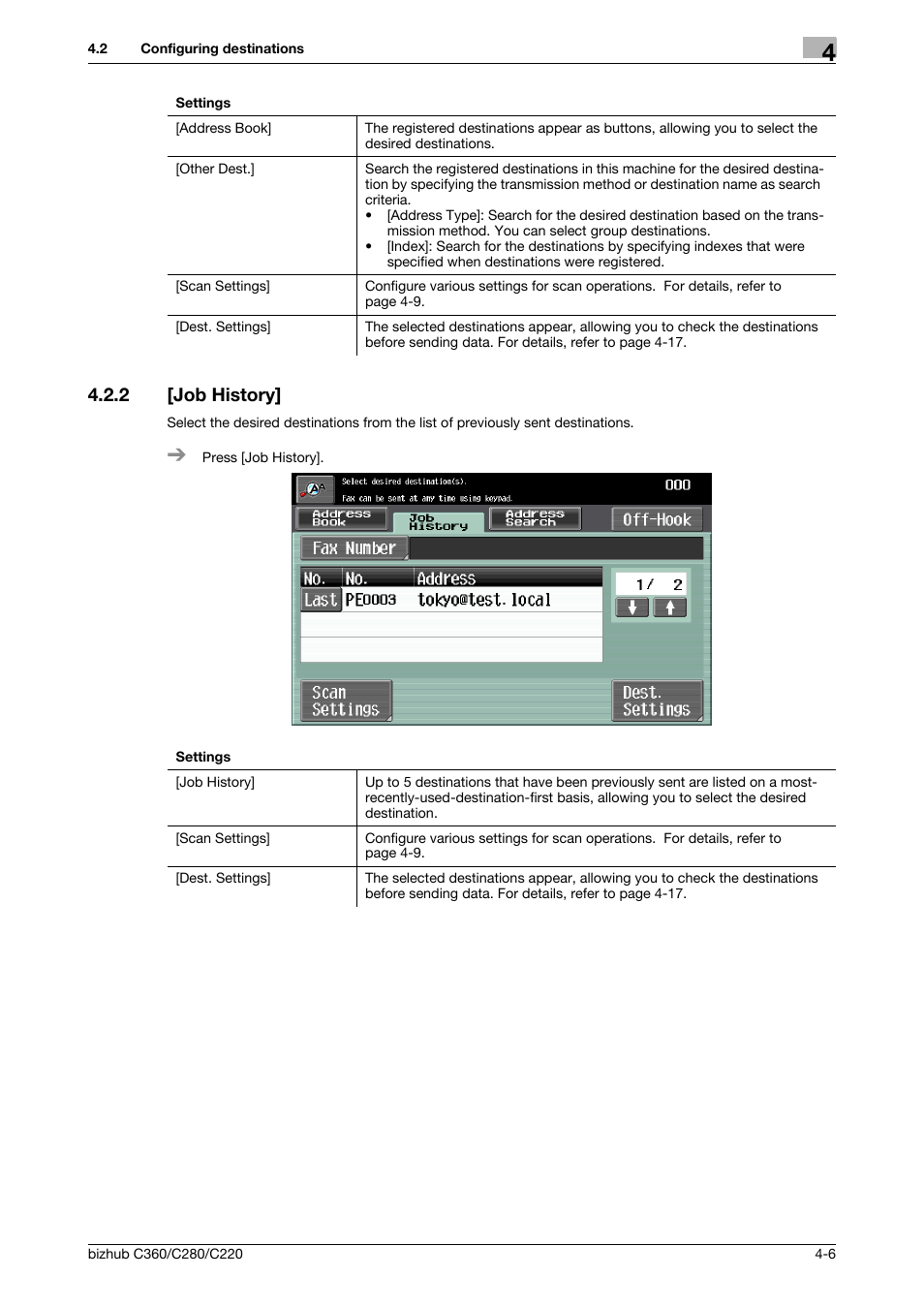 2 [job history, Job history] -6, P. 4-6 | Konica Minolta BIZHUB C360 User Manual | Page 47 / 63