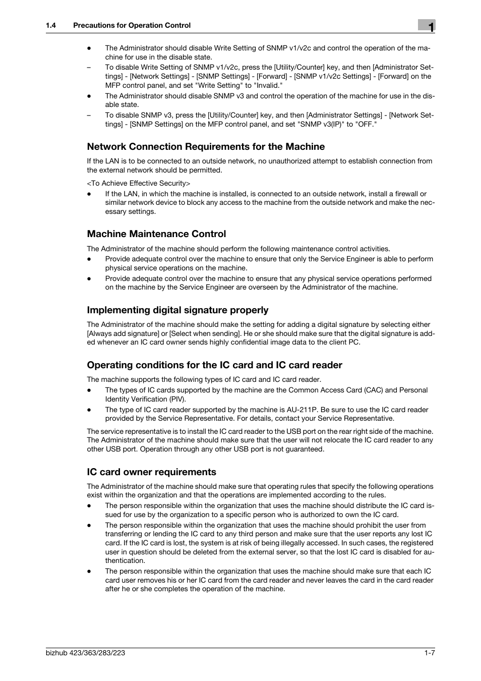 Network connection requirements for the machine, Machine maintenance control, Implementing digital signature properly | Ic card owner requirements | Konica Minolta BIZHUB 223 User Manual | Page 10 / 55