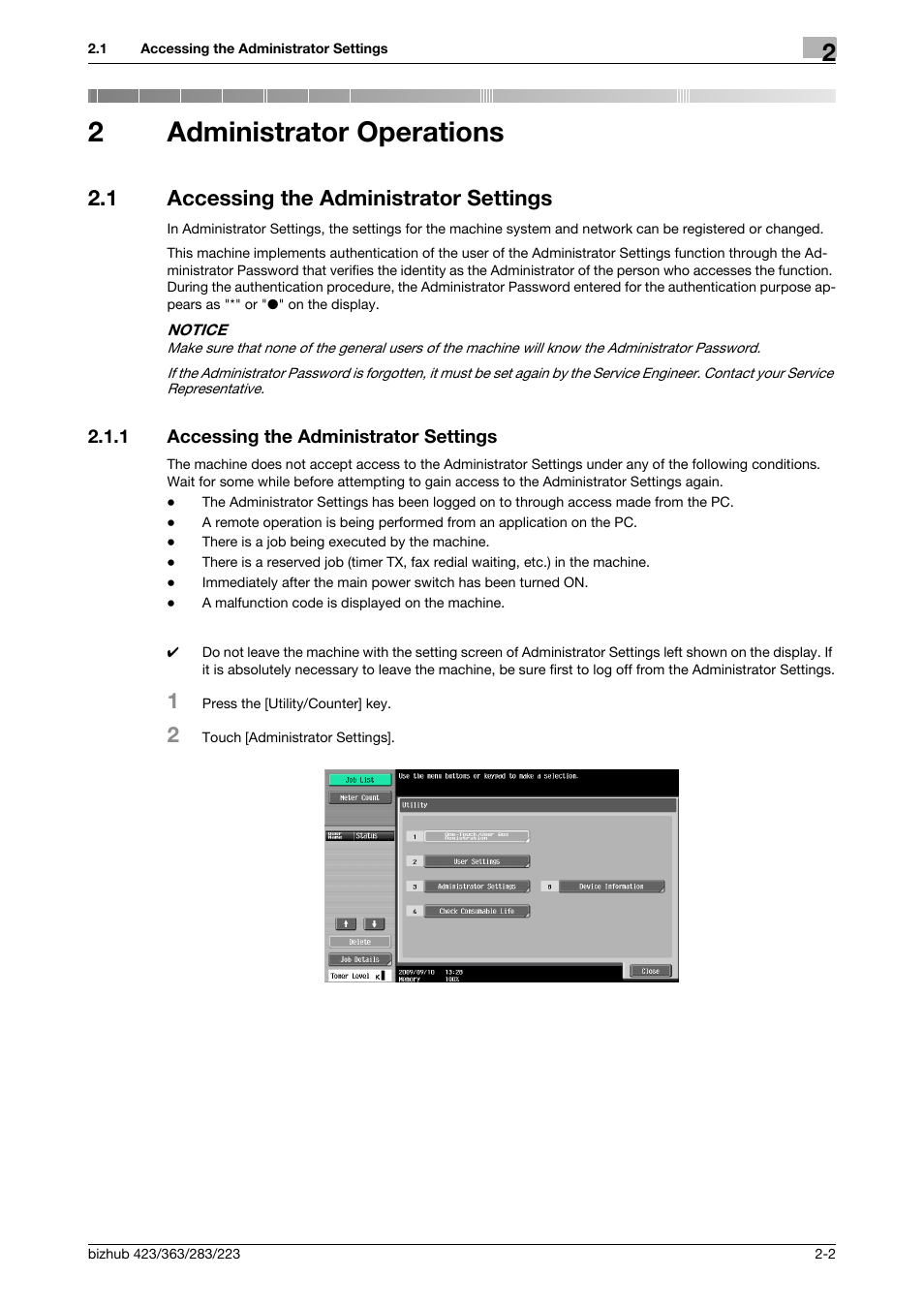 2 administrator operations, 1 accessing the administrator settings, Administrator operations | Accessing the administrator settings -2, 2administrator operations | Konica Minolta BIZHUB 223 User Manual | Page 14 / 55