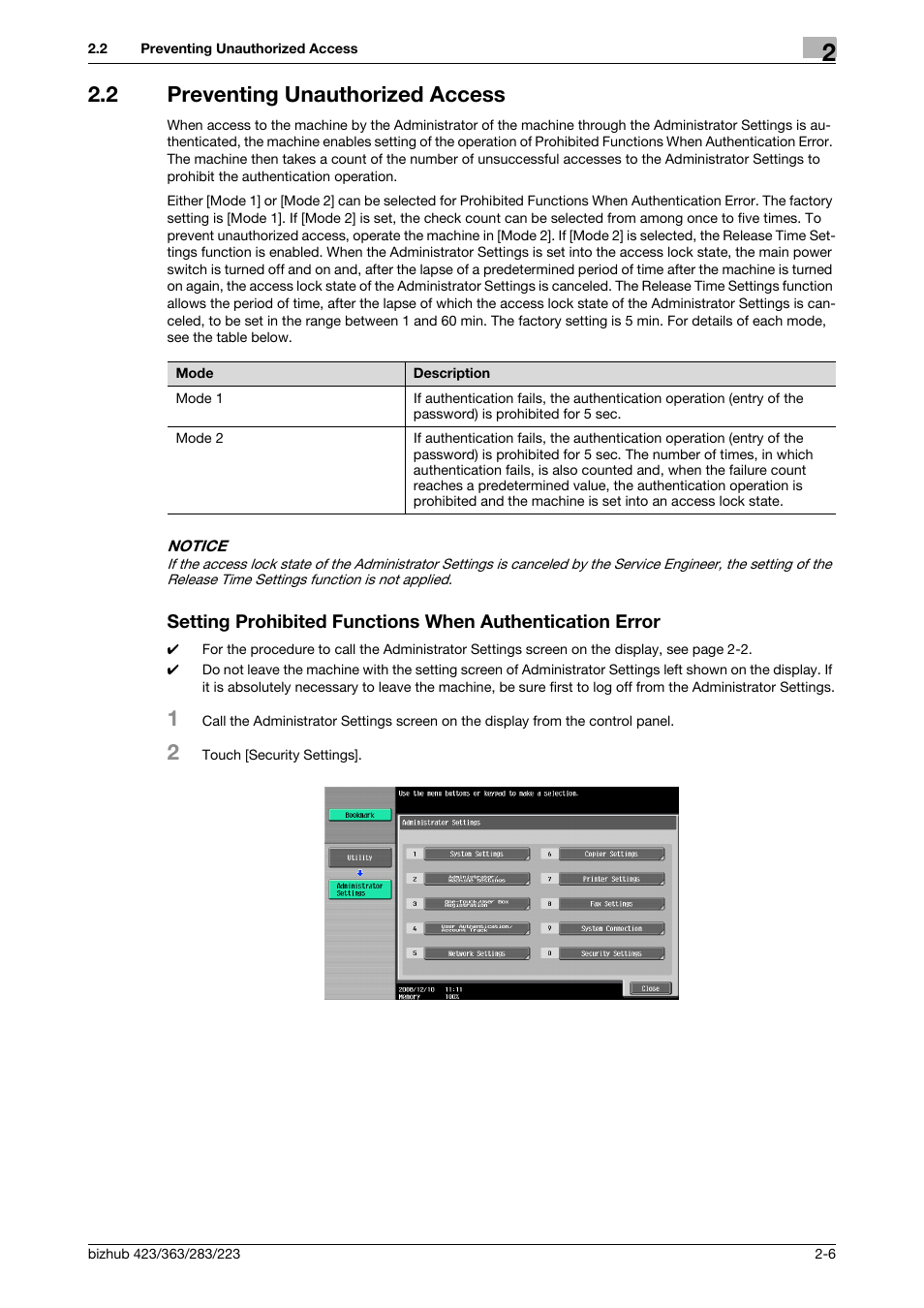 2 preventing unauthorized access | Konica Minolta BIZHUB 223 User Manual | Page 18 / 55