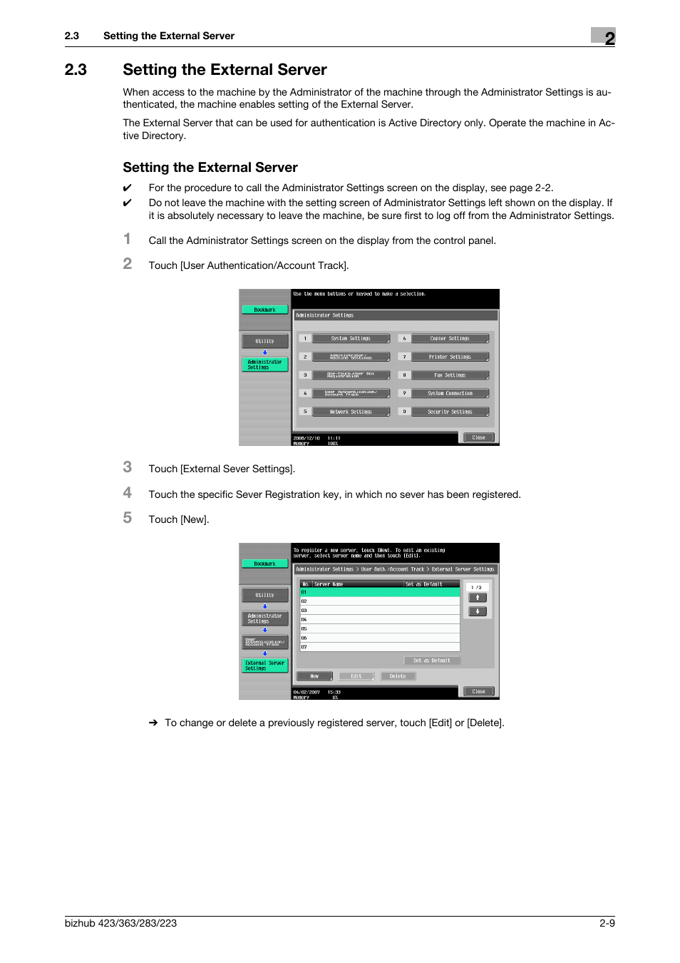 3 setting the external server, Setting the external server | Konica Minolta BIZHUB 223 User Manual | Page 21 / 55