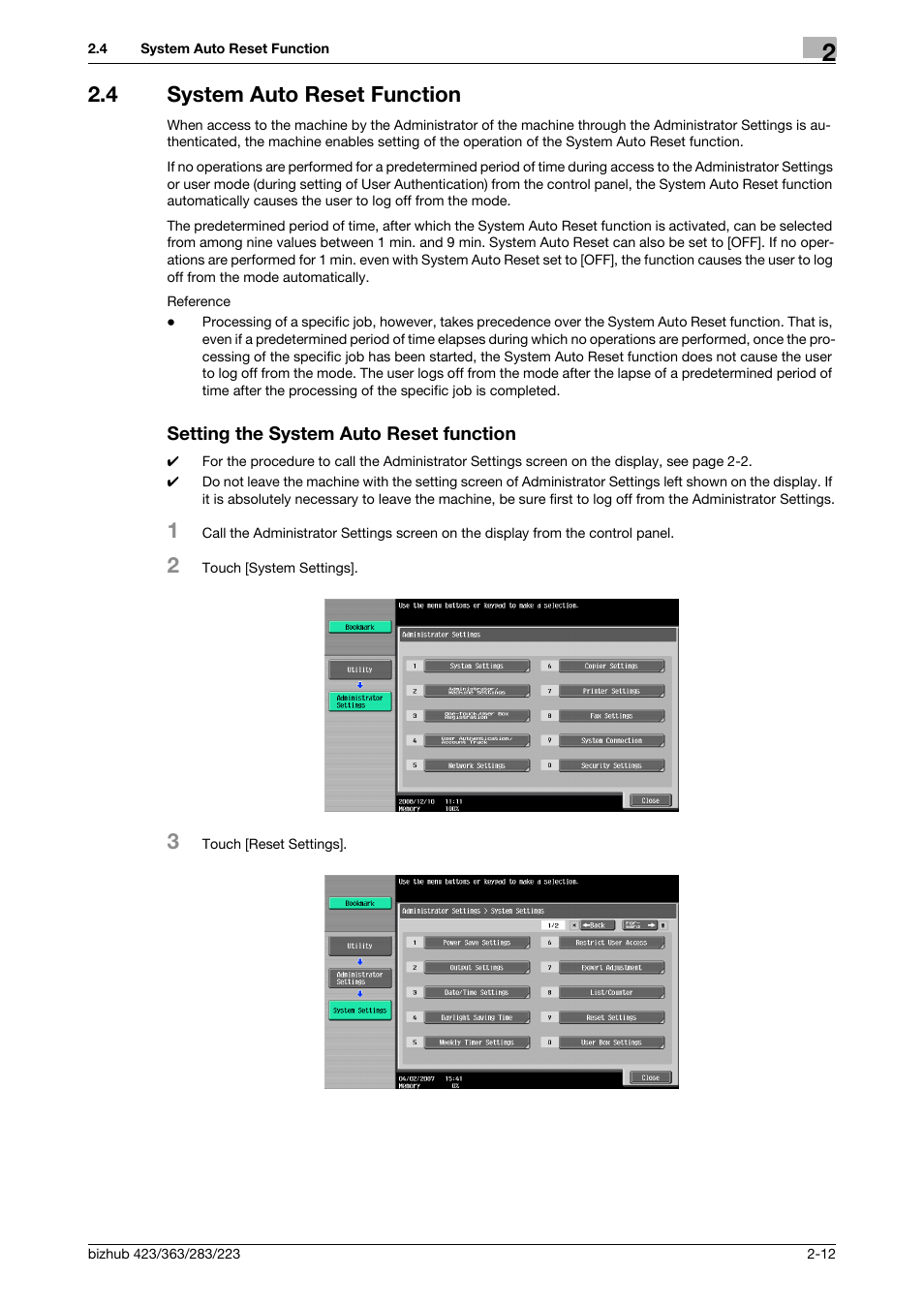 4 system auto reset function, Setting the system auto reset function | Konica Minolta BIZHUB 223 User Manual | Page 24 / 55
