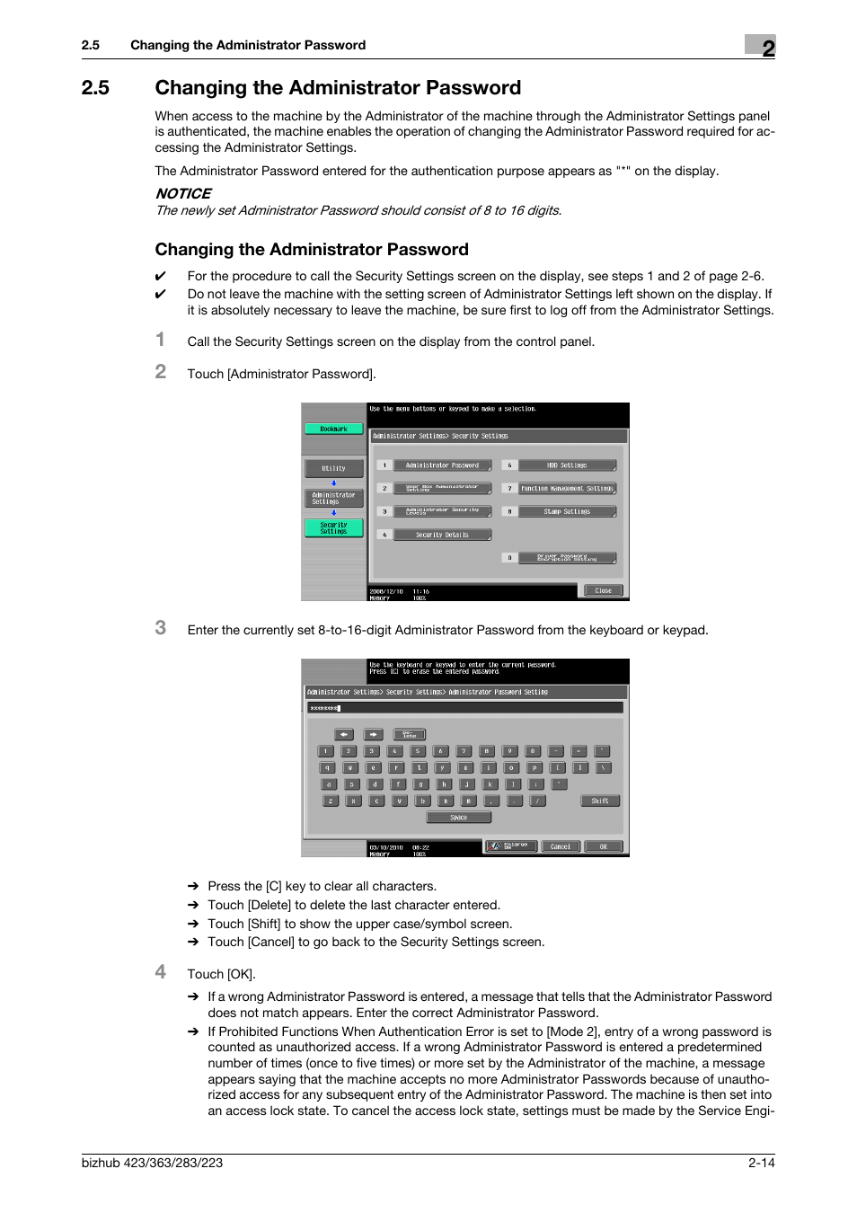 5 changing the administrator password, Changing the administrator password | Konica Minolta BIZHUB 223 User Manual | Page 26 / 55
