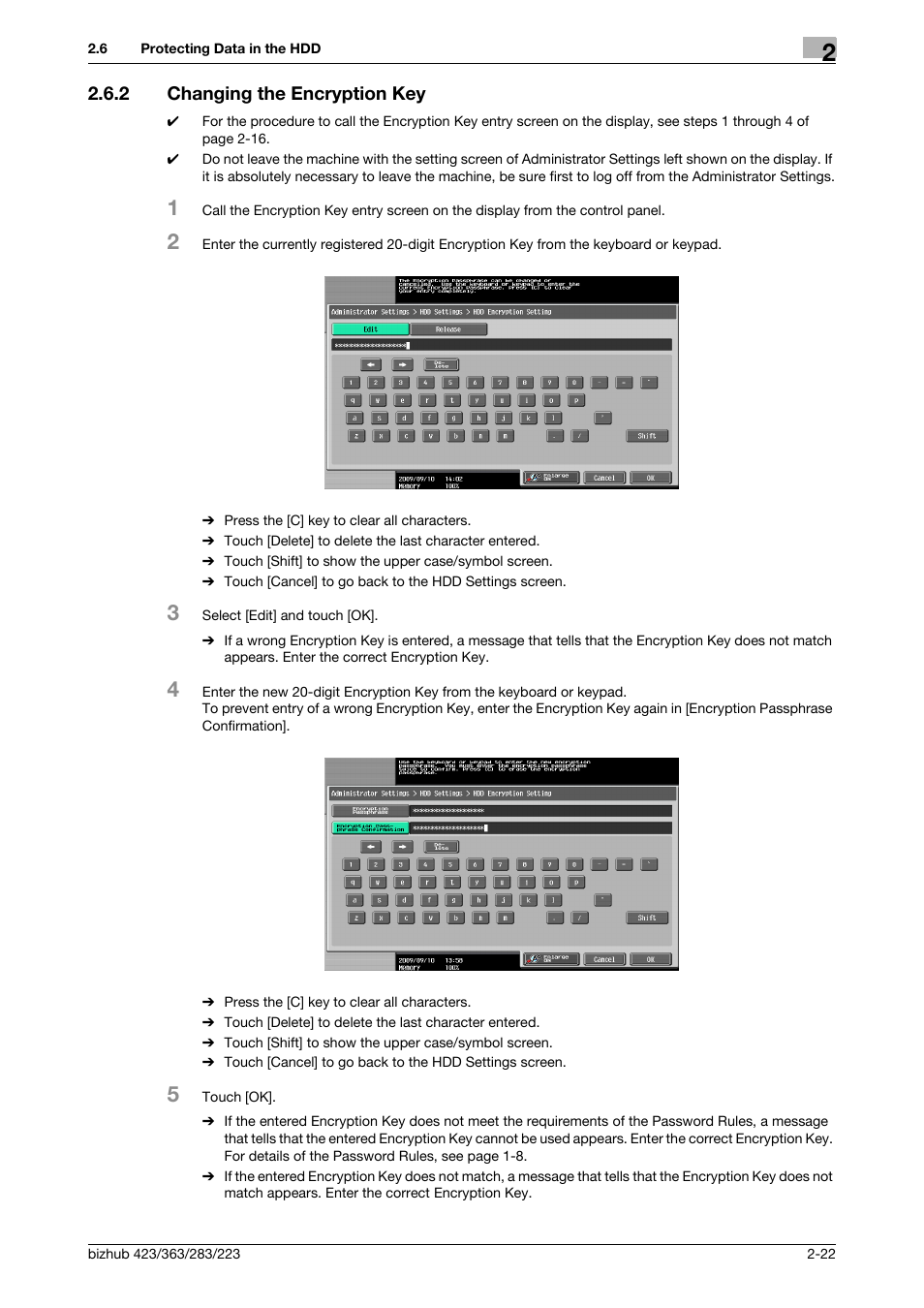 2 changing the encryption key, Changing the encryption key -22 | Konica Minolta BIZHUB 223 User Manual | Page 34 / 55