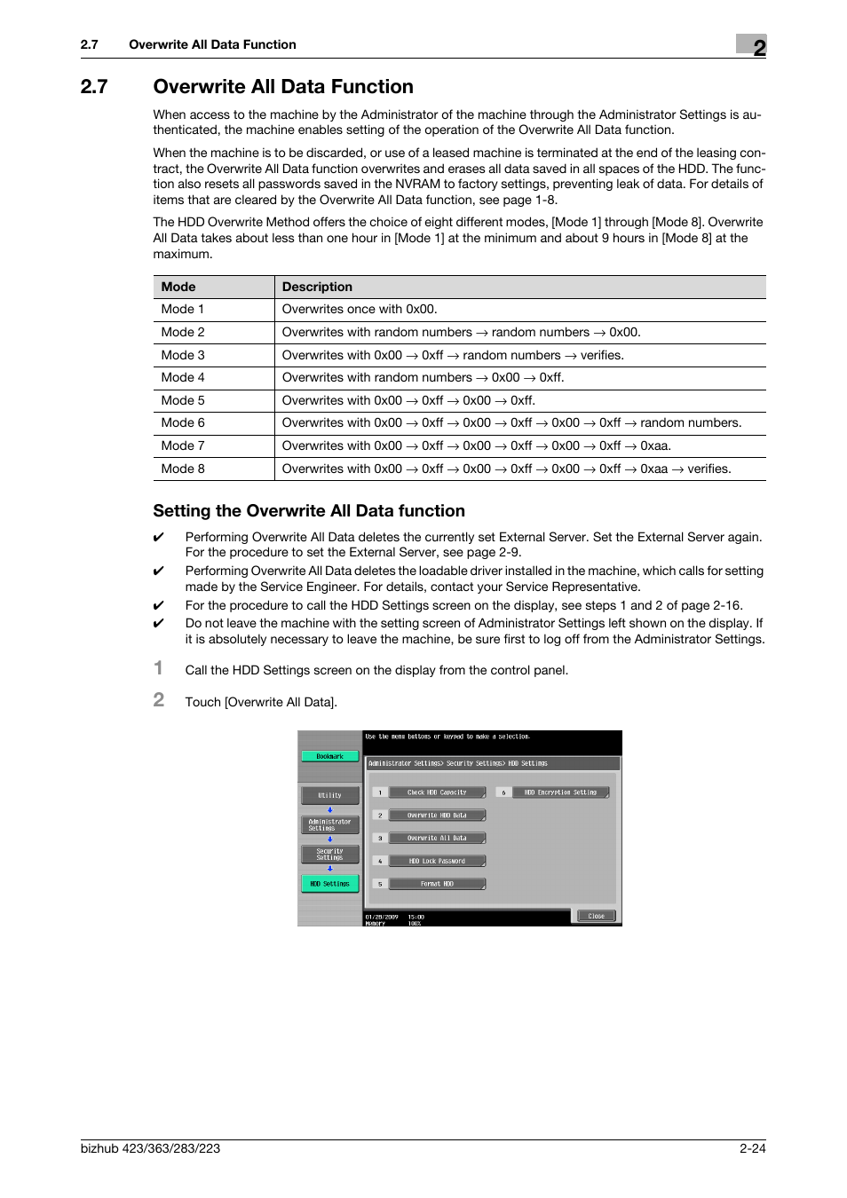 7 overwrite all data function, Setting the overwrite all data function | Konica Minolta BIZHUB 223 User Manual | Page 36 / 55