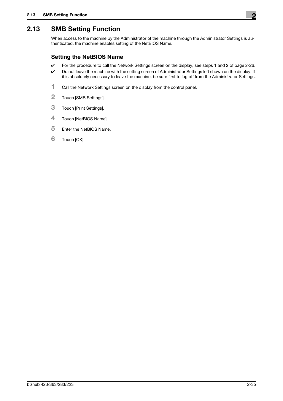 13 smb setting function, Setting the netbios name, Smb setting function -35 | Setting the netbios name -35 | Konica Minolta BIZHUB 223 User Manual | Page 47 / 55