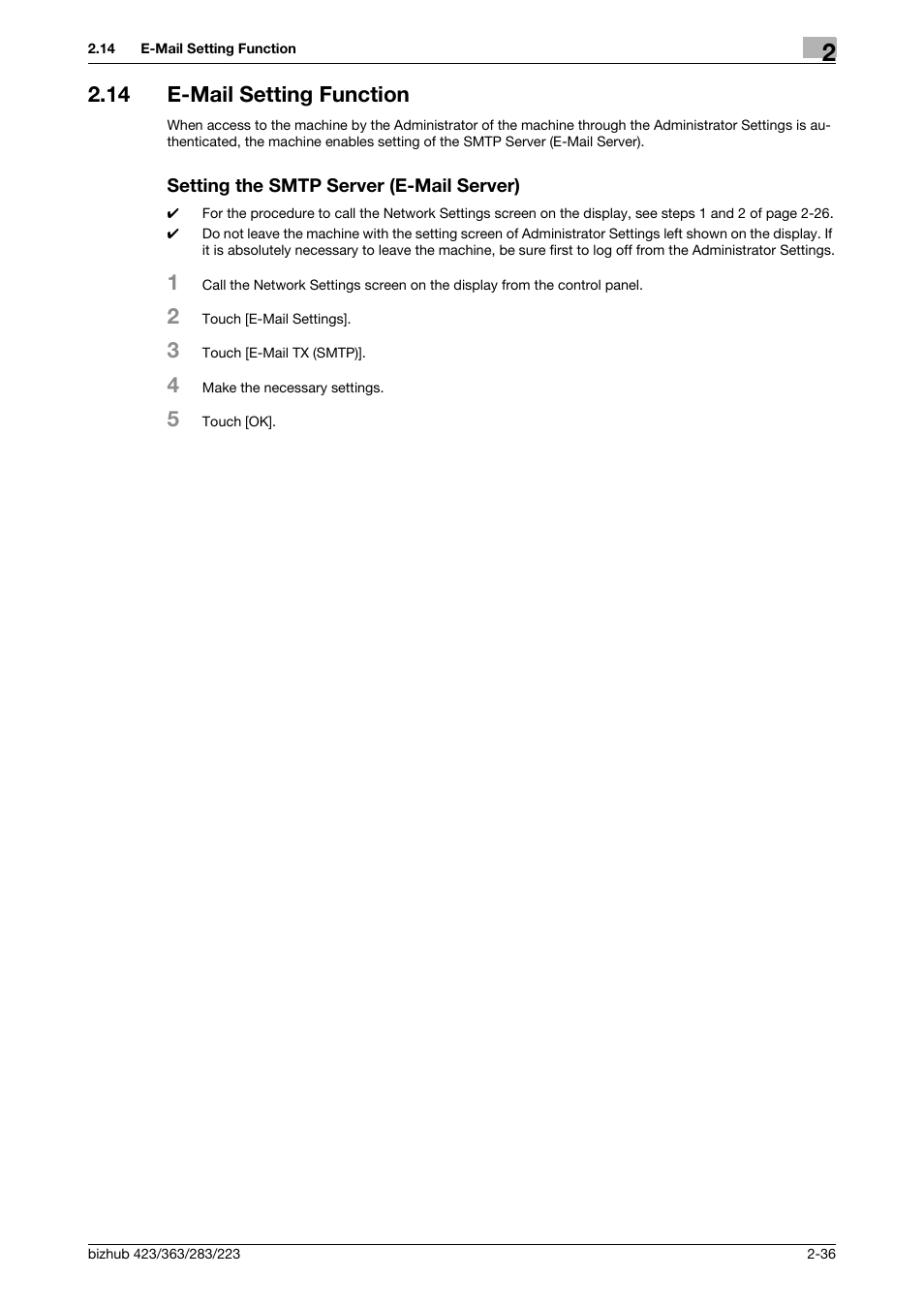 14 e-mail setting function, Setting the smtp server (e-mail server) | Konica Minolta BIZHUB 223 User Manual | Page 48 / 55