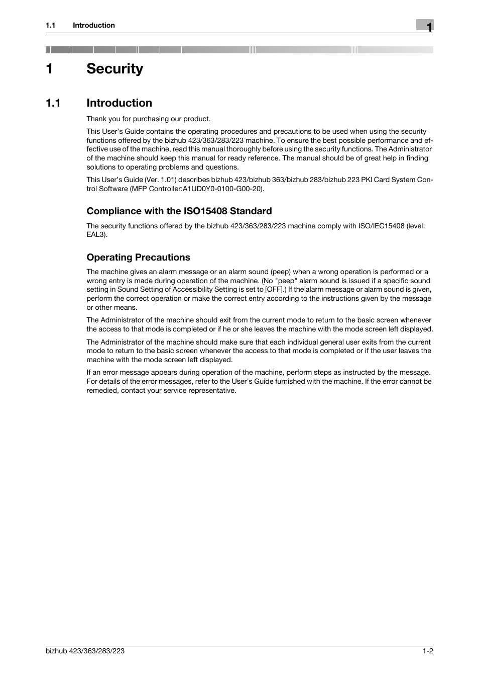1 security, 1 introduction, Compliance with the iso15408 standard | Operating precautions, Security, 1security | Konica Minolta BIZHUB 223 User Manual | Page 5 / 55