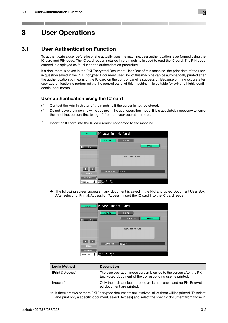3 user operations, 1 user authentication function, User authentication using the ic card | User operations, 3user operations | Konica Minolta BIZHUB 223 User Manual | Page 50 / 55